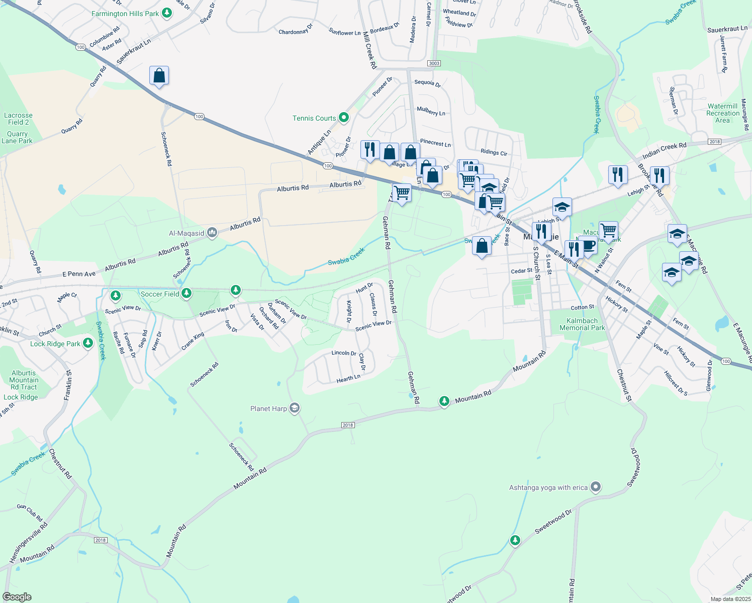 map of restaurants, bars, coffee shops, grocery stores, and more near 3653 Clauss Dr in Macungie