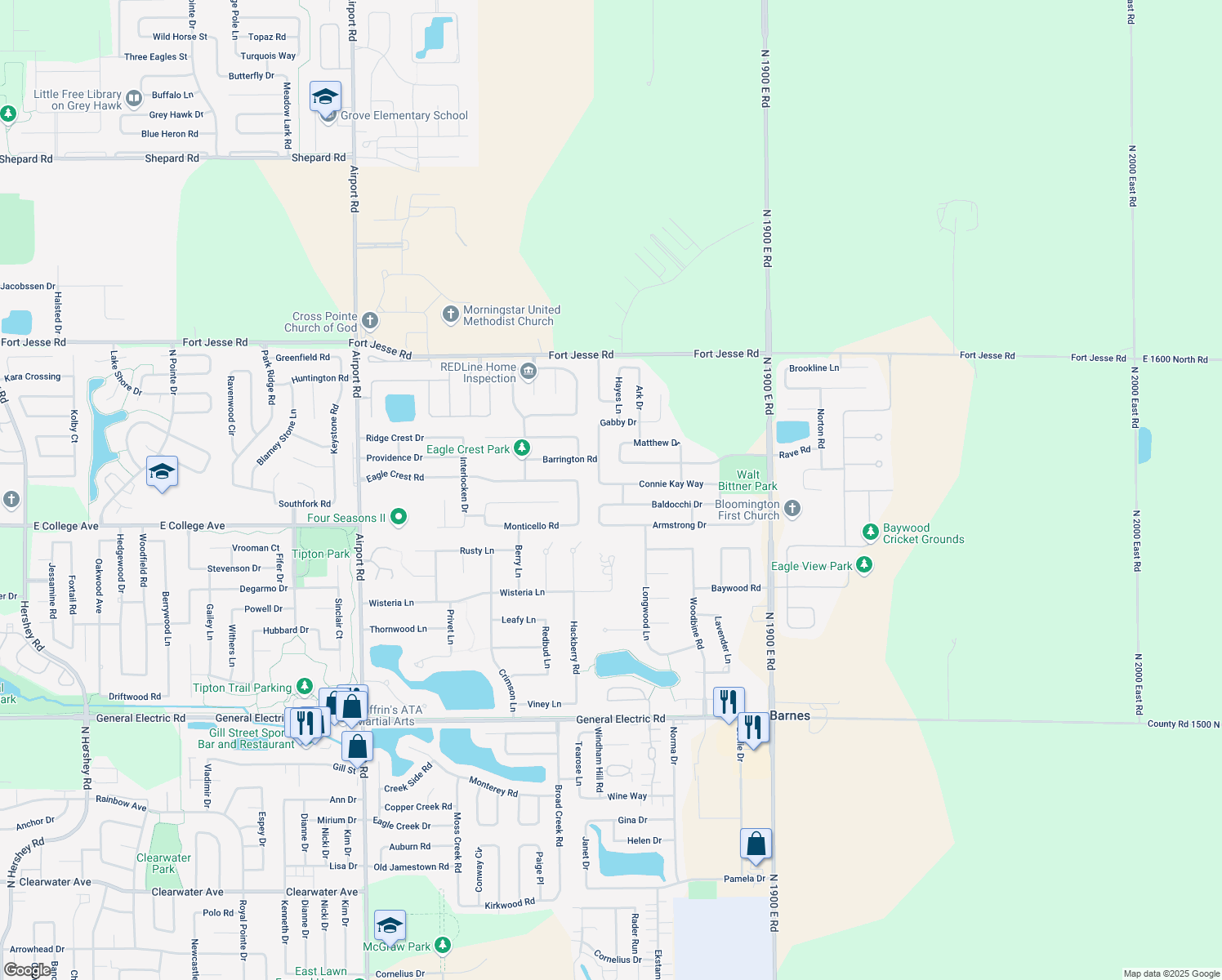 map of restaurants, bars, coffee shops, grocery stores, and more near 3505 Connie Kay Way in Bloomington