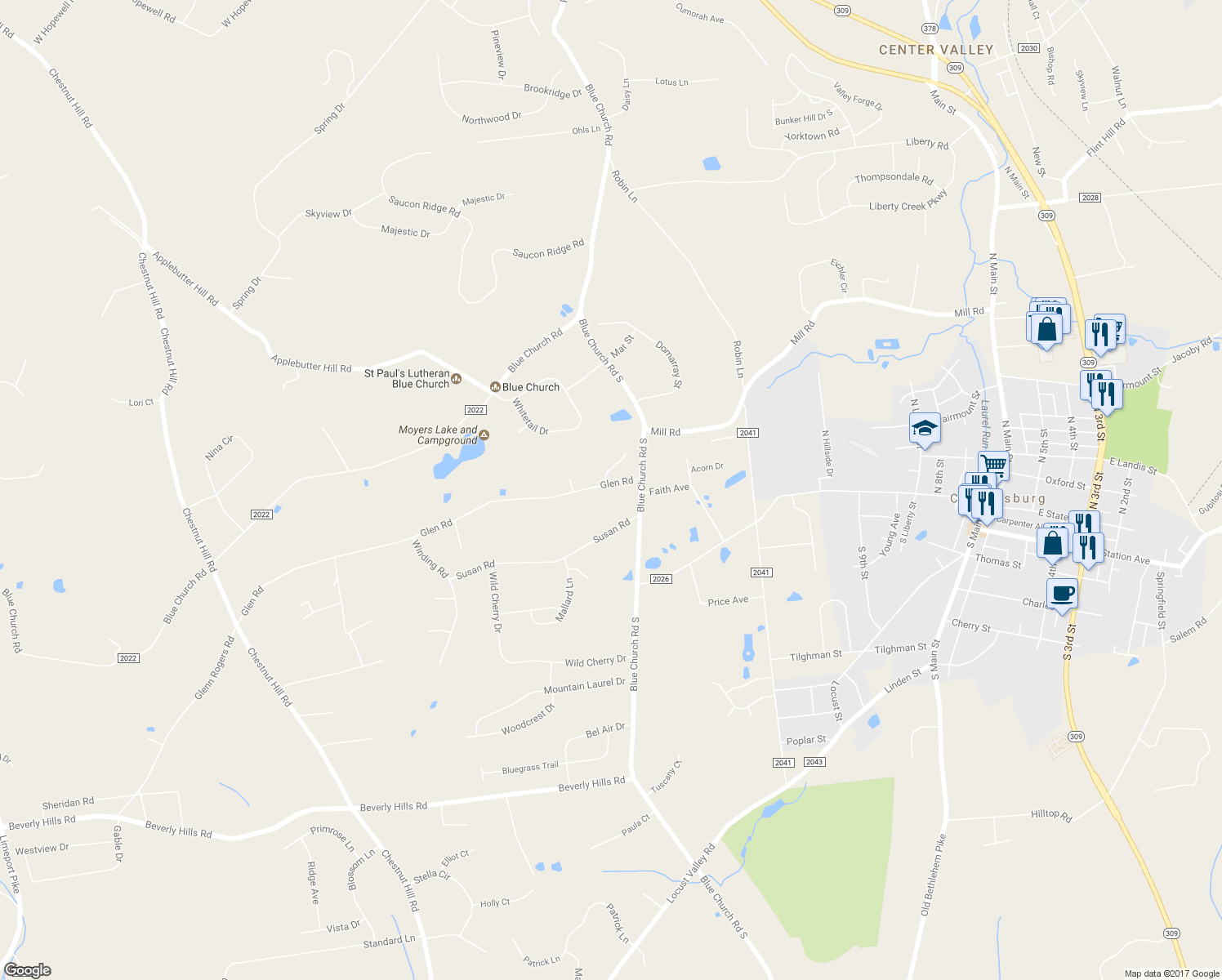 map of restaurants, bars, coffee shops, grocery stores, and more near 5216 Glen Road in Coopersburg