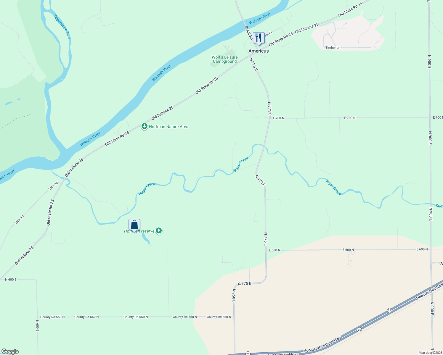 map of restaurants, bars, coffee shops, grocery stores, and more near 7401 East 660 North in Lafayette