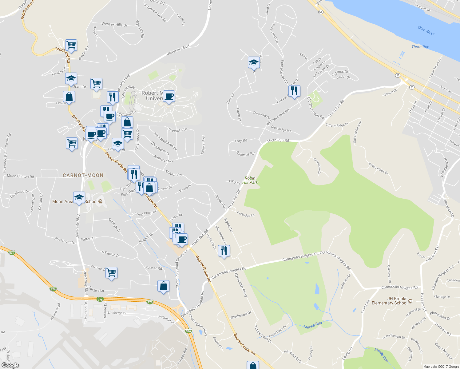 map of restaurants, bars, coffee shops, grocery stores, and more near 111 Curry Court in Coraopolis