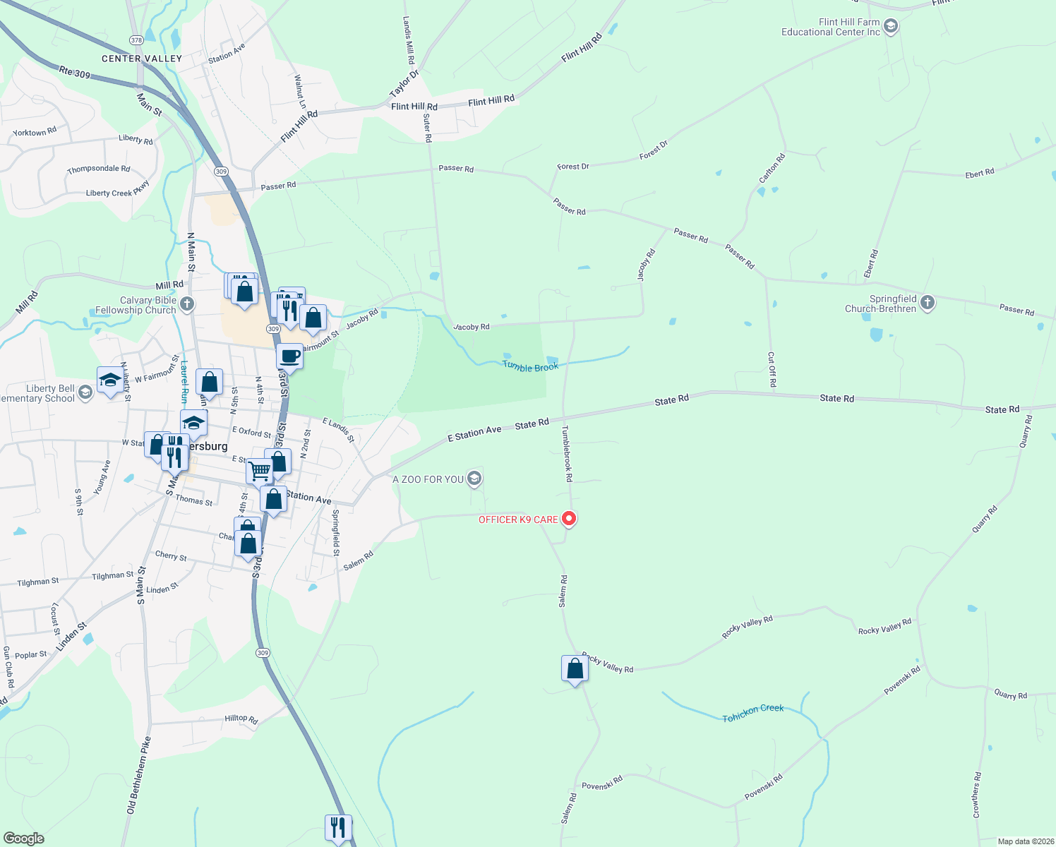 map of restaurants, bars, coffee shops, grocery stores, and more near 3685 State Road in Coopersburg