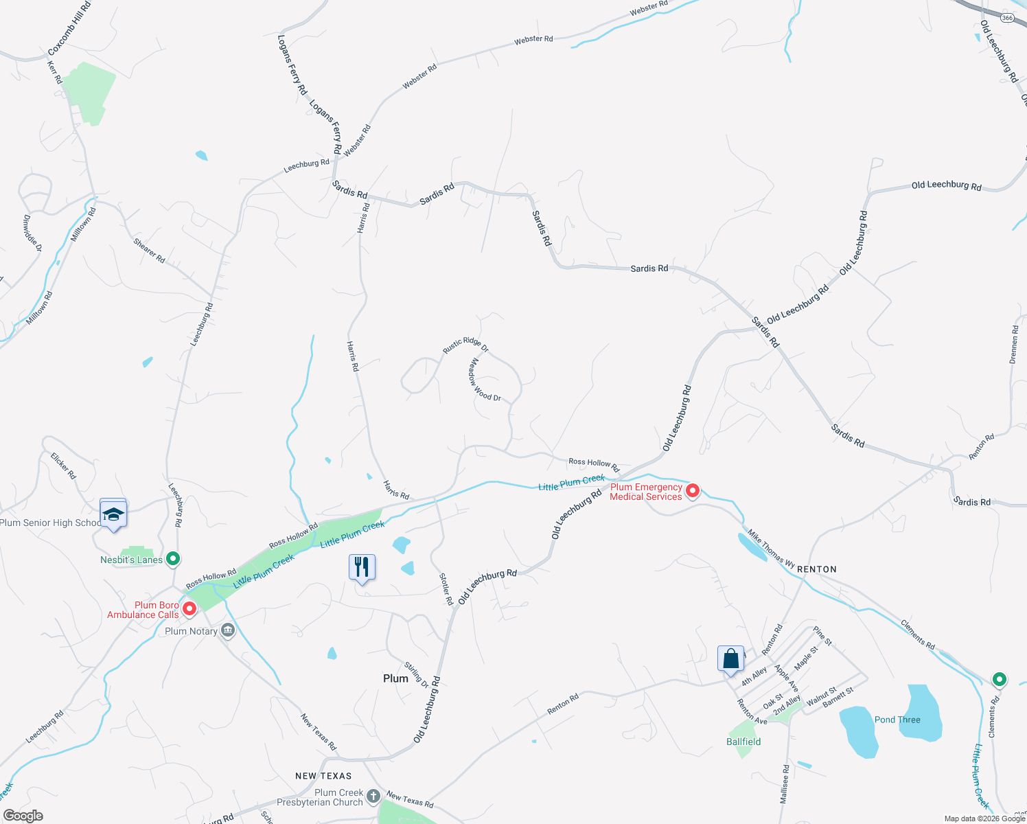 map of restaurants, bars, coffee shops, grocery stores, and more near 72 Rustic Ridge Drive in Pittsburgh
