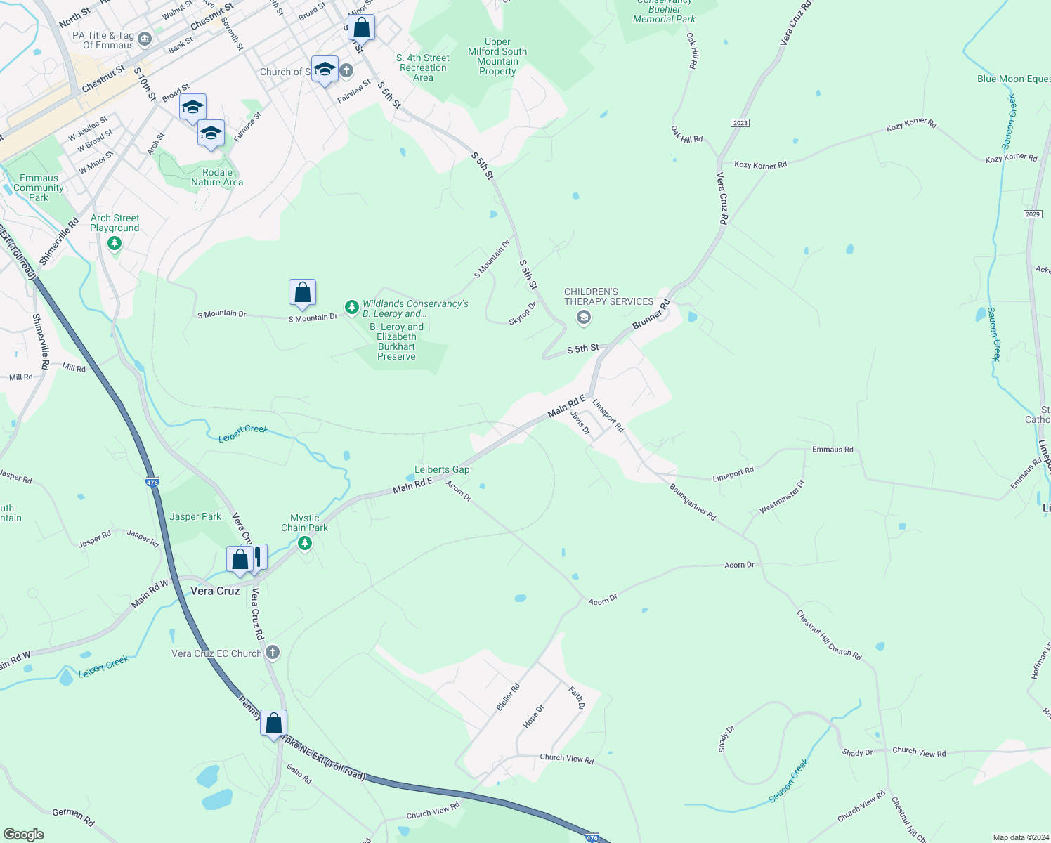 map of restaurants, bars, coffee shops, grocery stores, and more near 2985 Main Road East in Emmaus