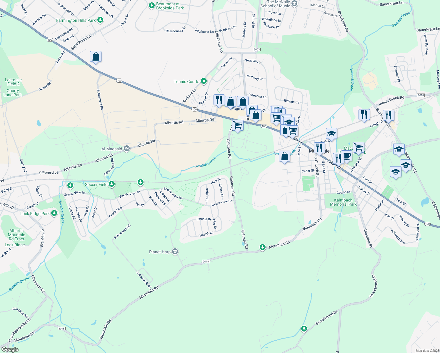 map of restaurants, bars, coffee shops, grocery stores, and more near 6921 Hunt Drive in Macungie