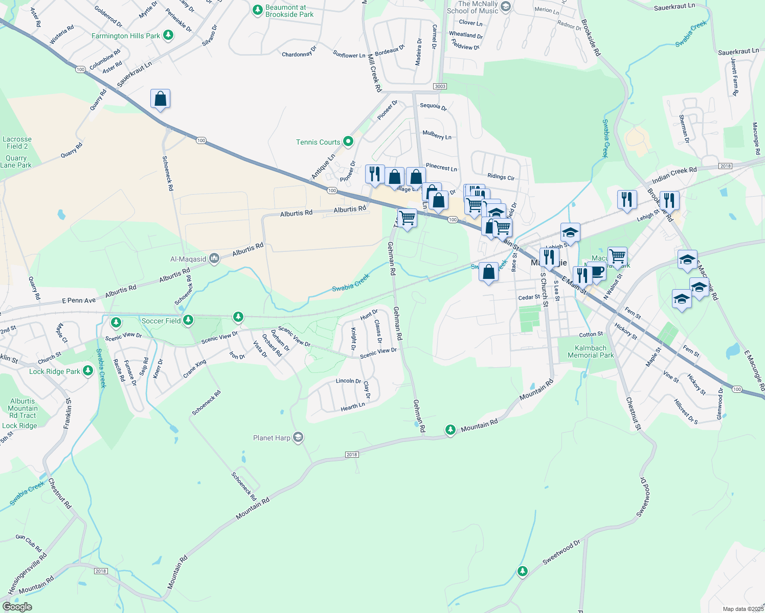 map of restaurants, bars, coffee shops, grocery stores, and more near 6901 Hunt Drive in Macungie