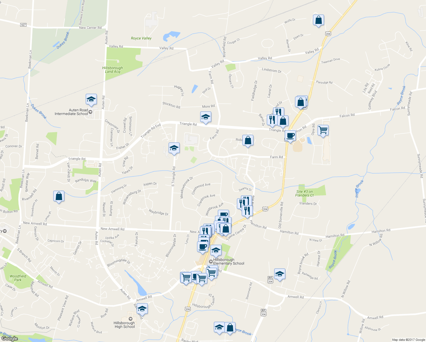 map of restaurants, bars, coffee shops, grocery stores, and more near 50 Meadowbrook Drive in Somerset County