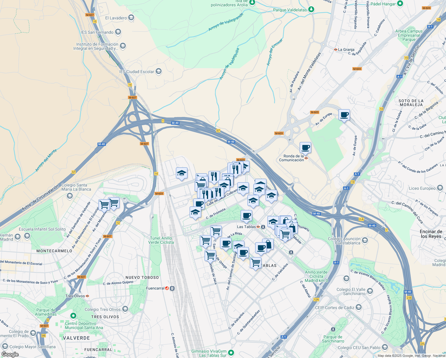 map of restaurants, bars, coffee shops, grocery stores, and more near 10 Calle de María Tubau in Madrid