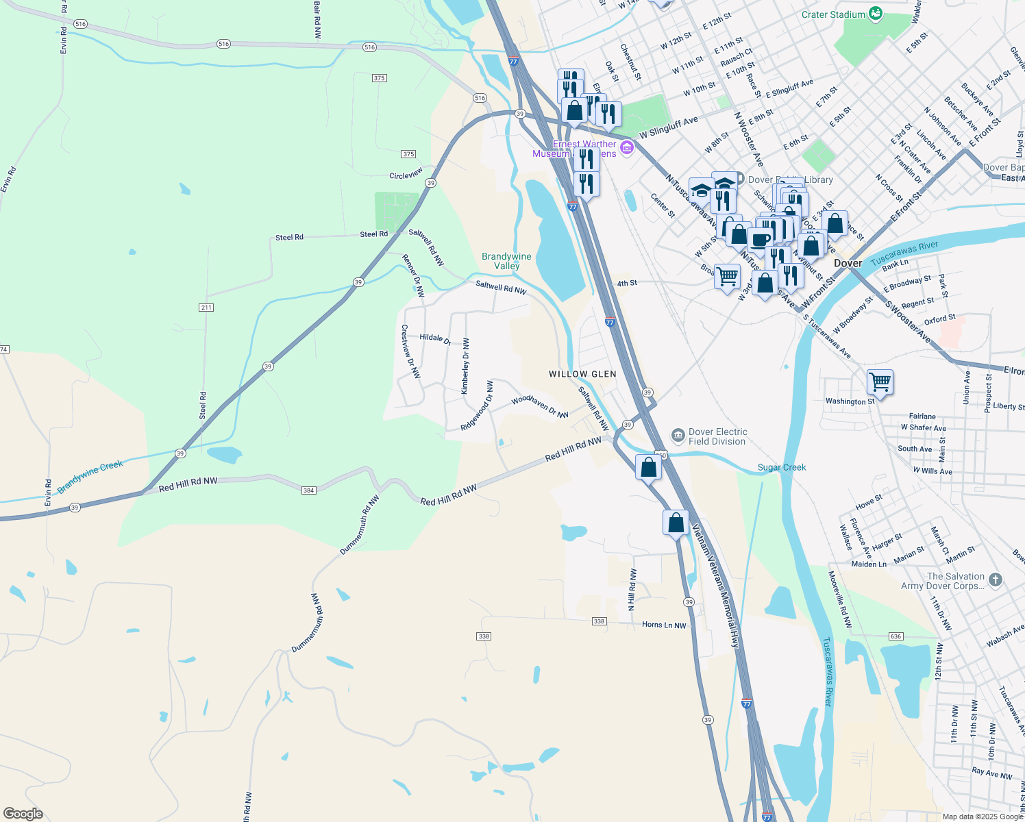map of restaurants, bars, coffee shops, grocery stores, and more near 2266 Woodhaven Drive Northwest in Dover