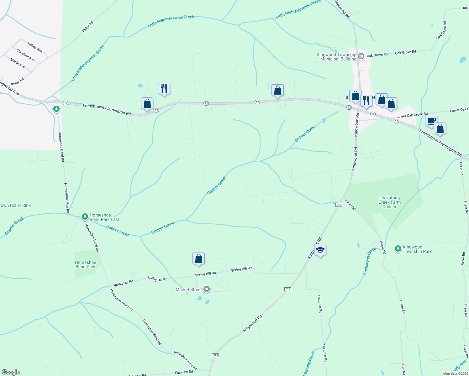 map of restaurants, bars, coffee shops, grocery stores, and more near 155 Spring Hill Road in Frenchtown