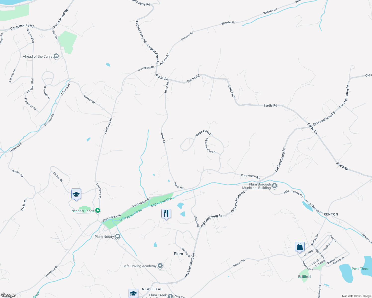 map of restaurants, bars, coffee shops, grocery stores, and more near 136 Rustic Ridge Drive in Pittsburgh