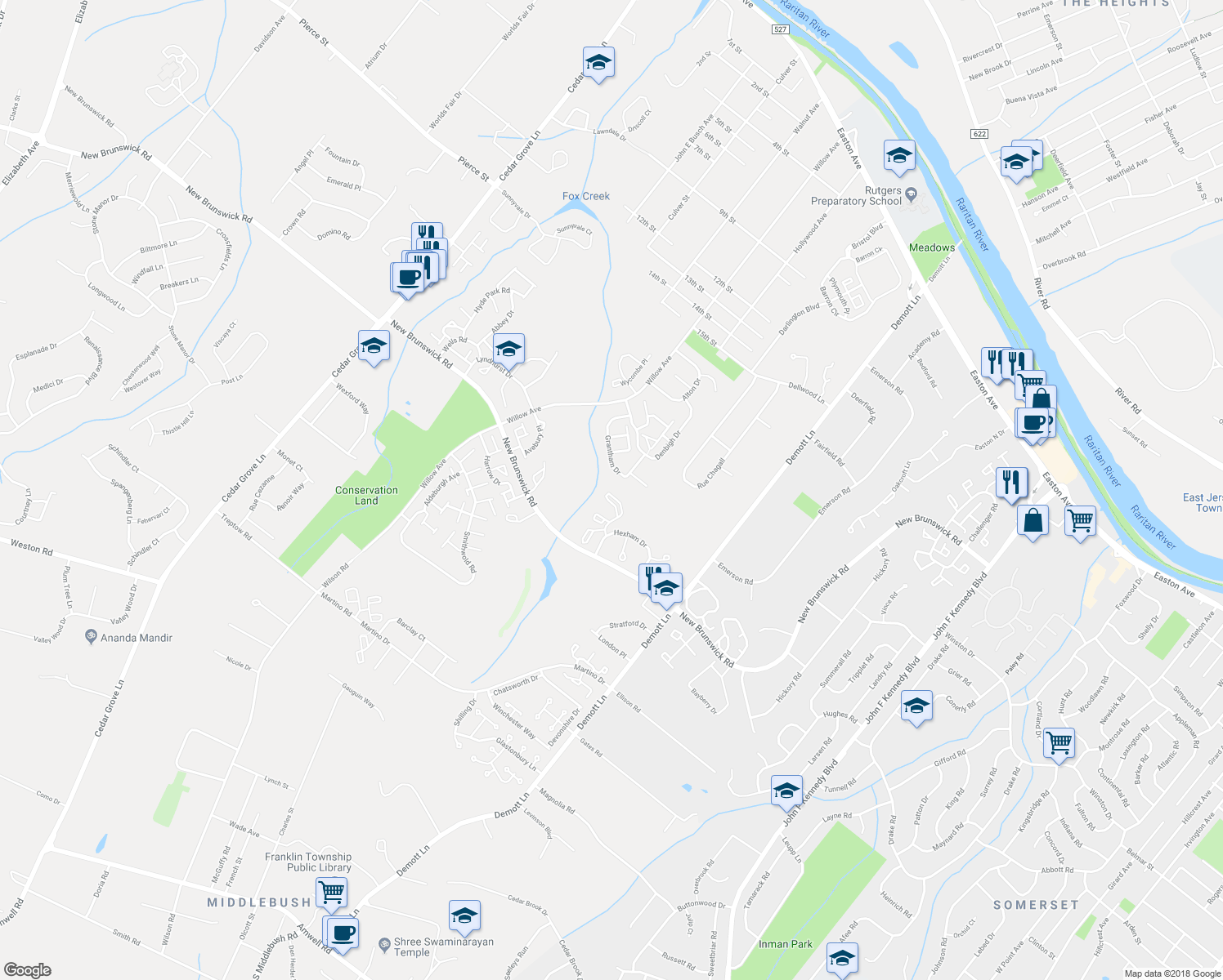 map of restaurants, bars, coffee shops, grocery stores, and more near 2 Bolton Court in Franklin Township