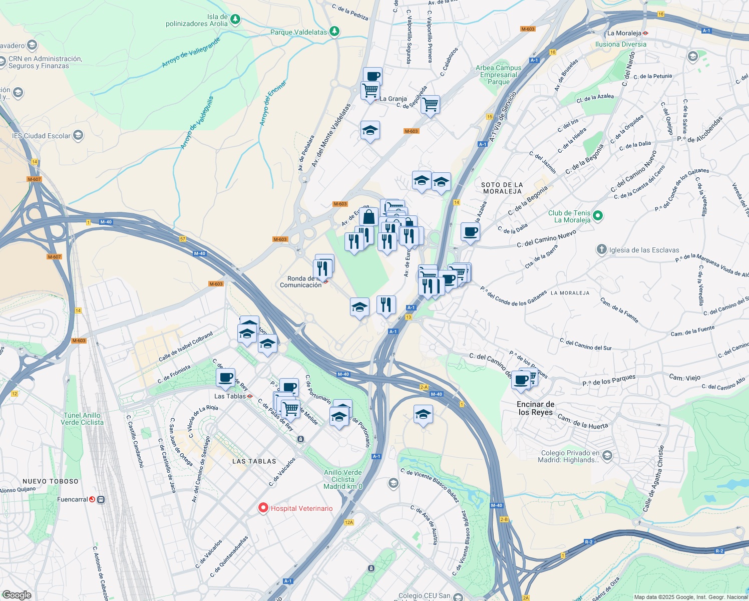 map of restaurants, bars, coffee shops, grocery stores, and more near 22 Avenida de Europa in Alcobendas