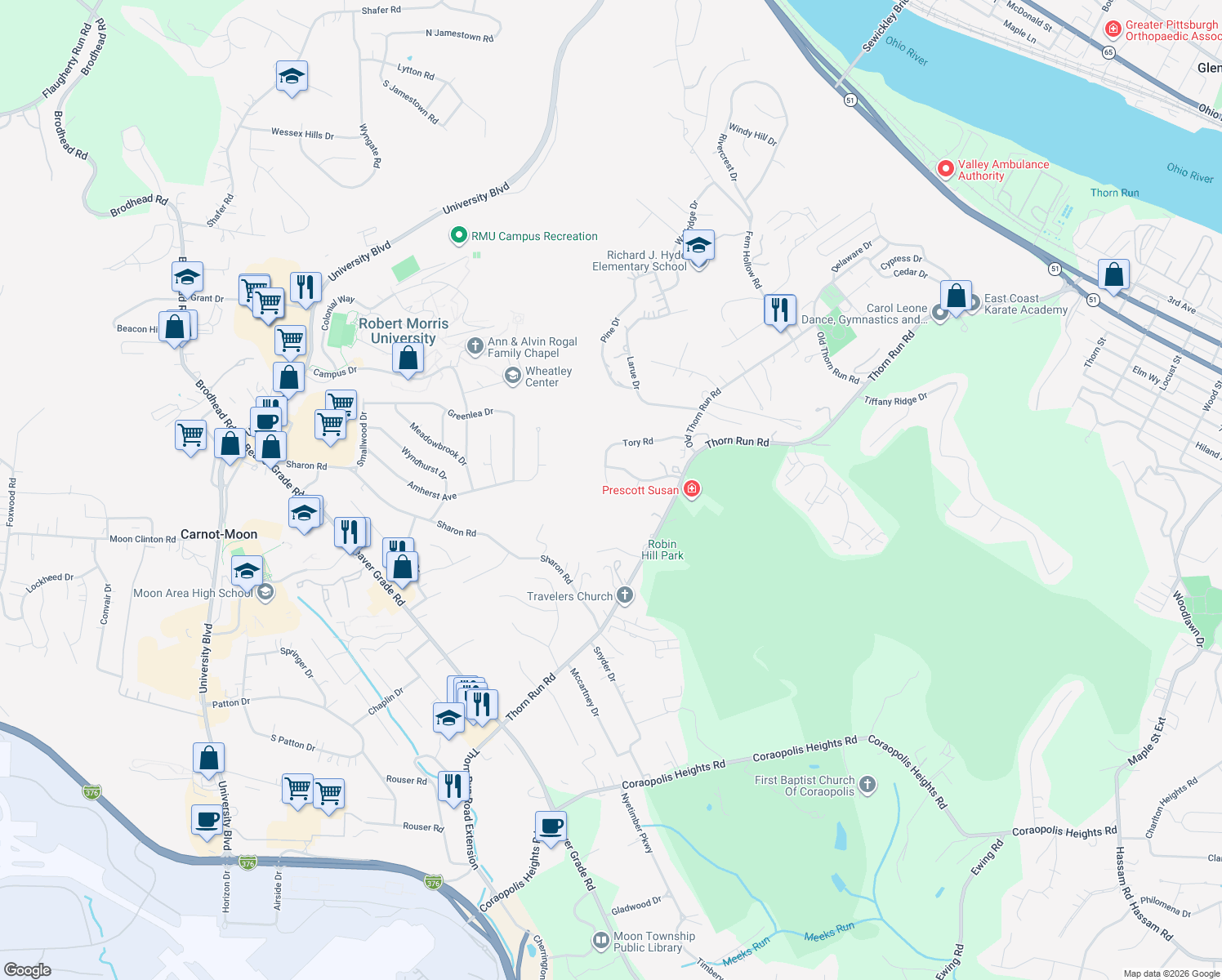 map of restaurants, bars, coffee shops, grocery stores, and more near 137 Tory Road in Coraopolis