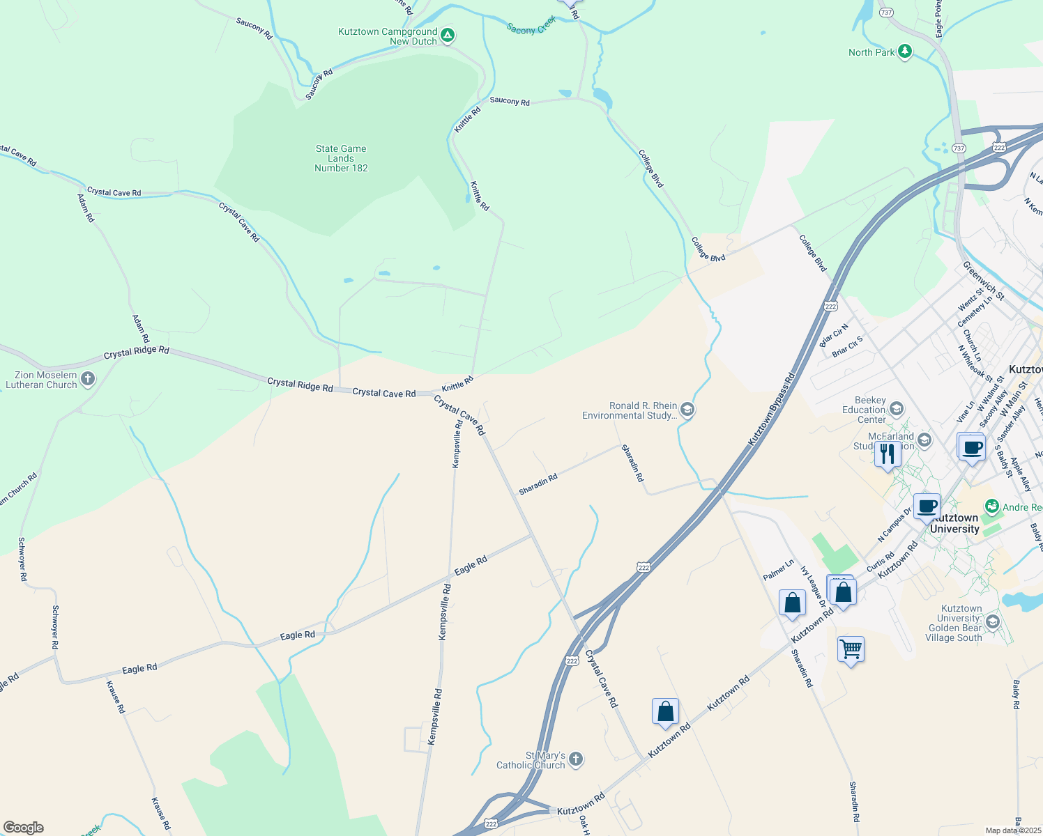 map of restaurants, bars, coffee shops, grocery stores, and more near 35 Sokol Drive in Kutztown