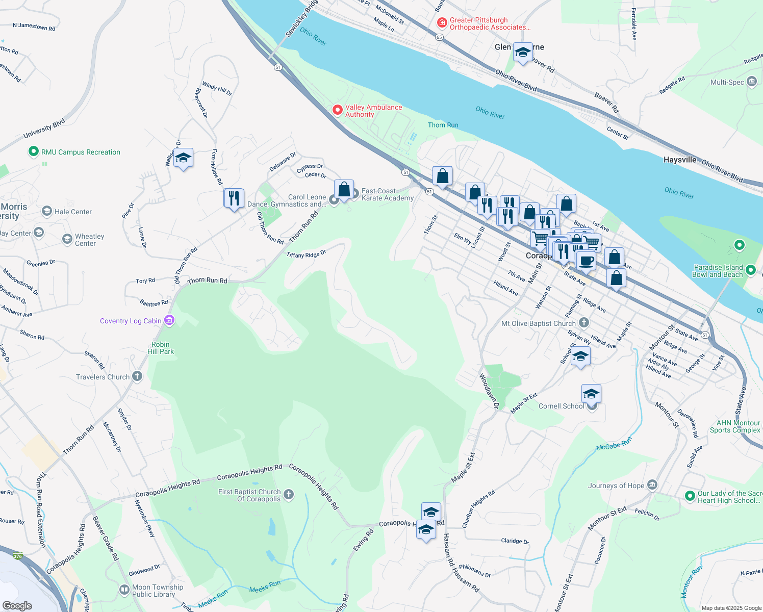map of restaurants, bars, coffee shops, grocery stores, and more near 332 Indian Ridge Drive in Coraopolis