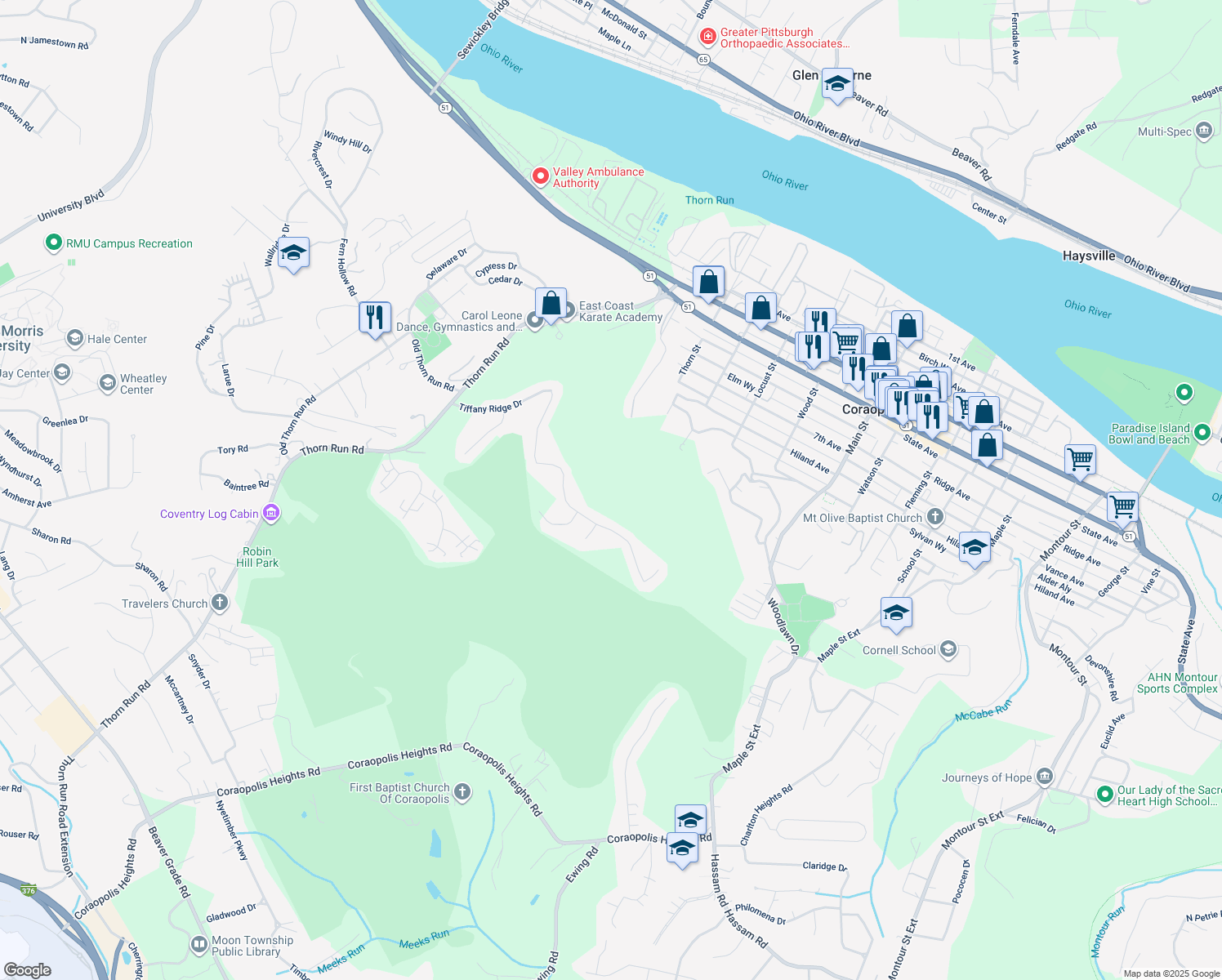 map of restaurants, bars, coffee shops, grocery stores, and more near 332 Indian Ridge Dr in Coraopolis