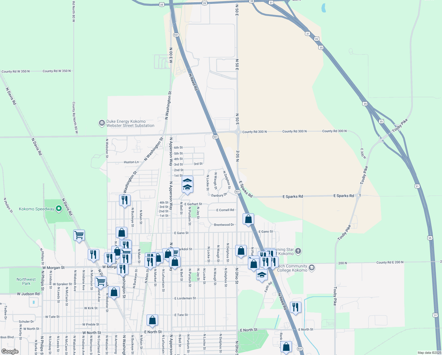 map of restaurants, bars, coffee shops, grocery stores, and more near 2821 Fenley Street in Kokomo