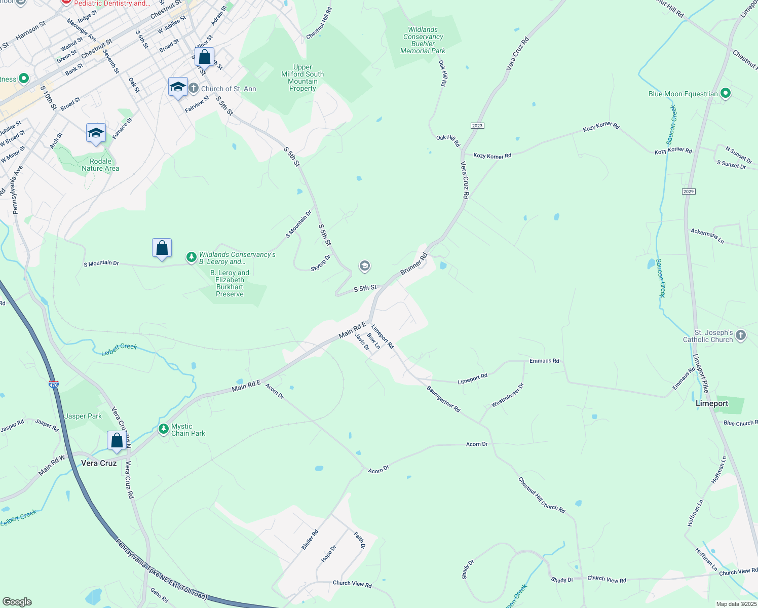 map of restaurants, bars, coffee shops, grocery stores, and more near 2752 Brunner Road in Emmaus