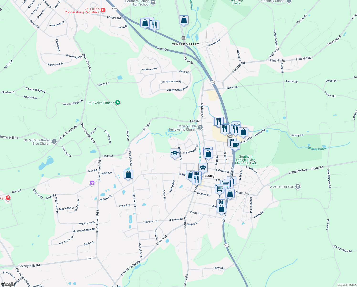map of restaurants, bars, coffee shops, grocery stores, and more near 512 North Liberty Street in Coopersburg