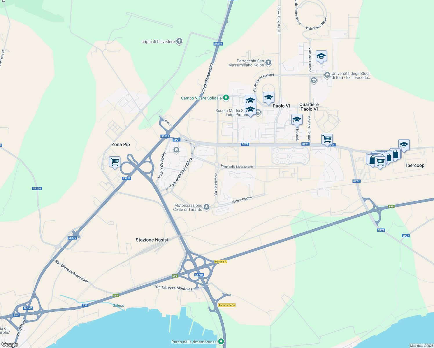 map of restaurants, bars, coffee shops, grocery stores, and more near Via 4 Novembre in Paolo VI