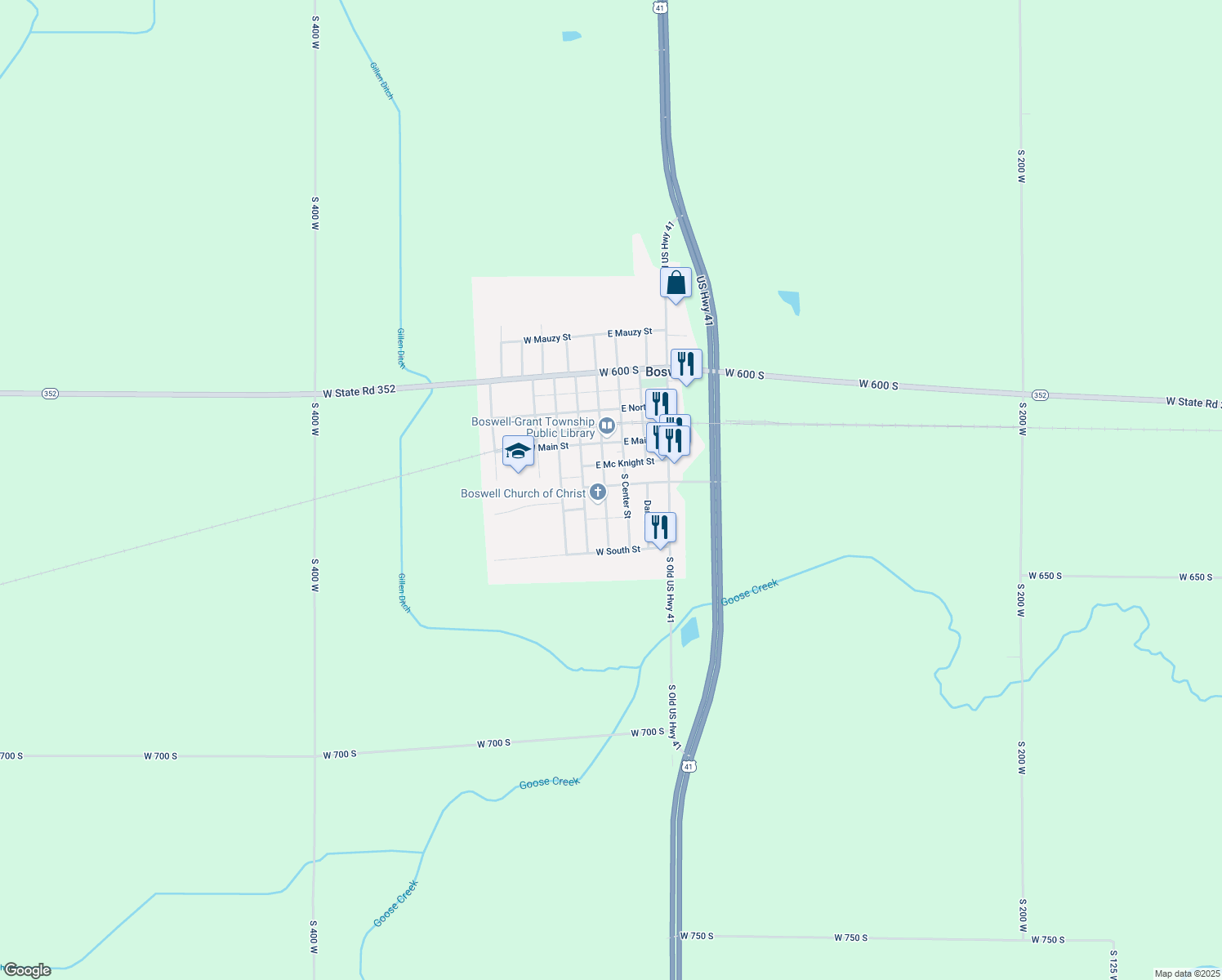 map of restaurants, bars, coffee shops, grocery stores, and more near 102 East Spies Street in Boswell