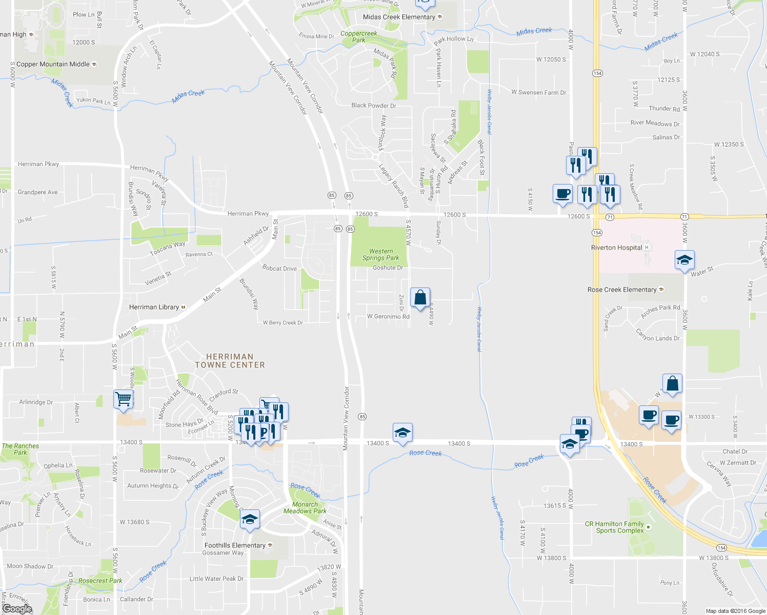 map of restaurants, bars, coffee shops, grocery stores, and more near 4659 West Indian Spring Circle in Riverton
