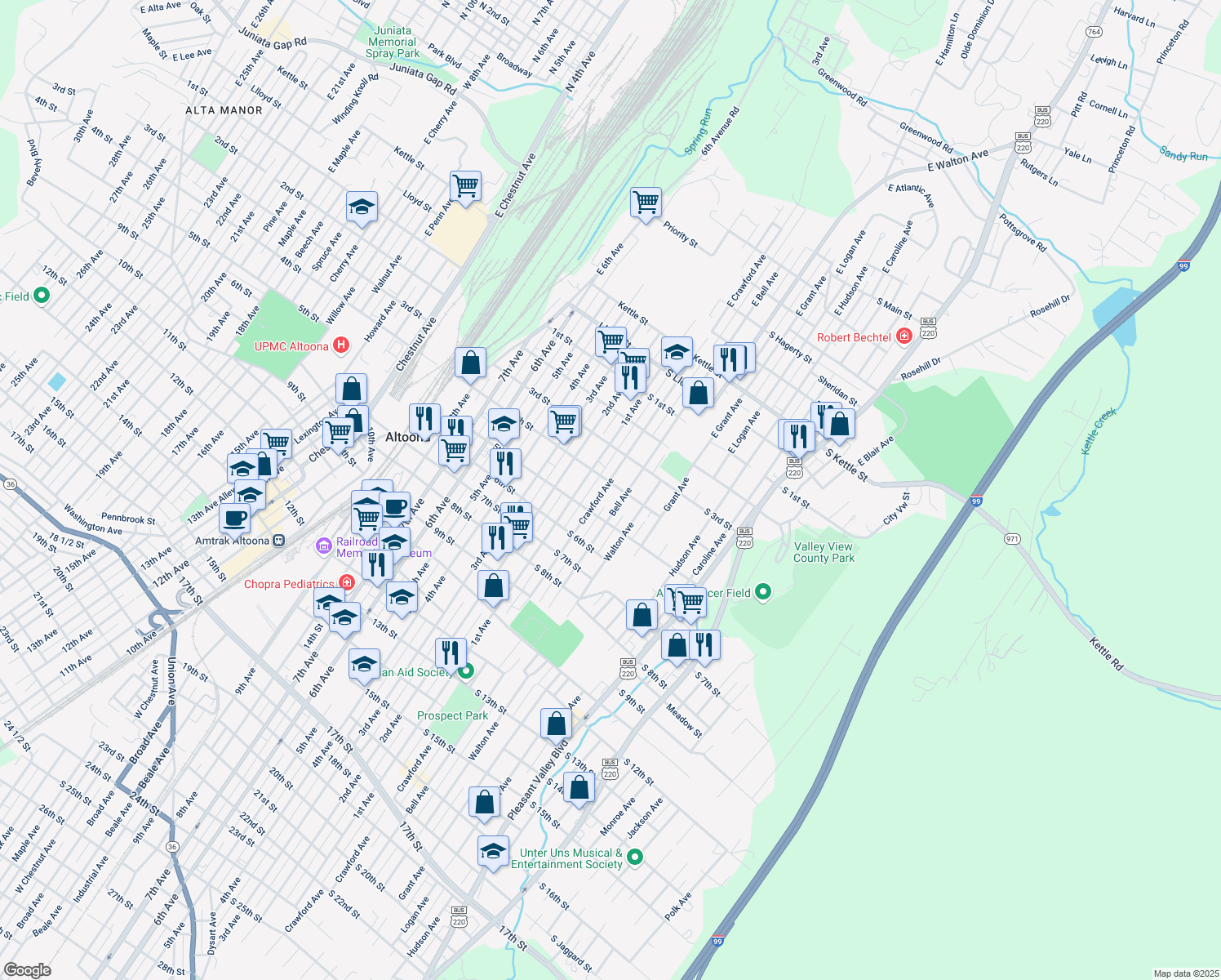 map of restaurants, bars, coffee shops, grocery stores, and more near 405 Crawford Ave in Altoona