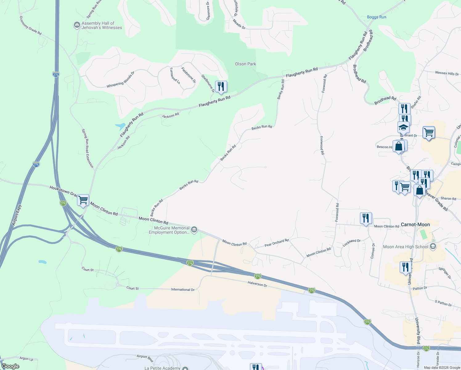map of restaurants, bars, coffee shops, grocery stores, and more near 414 Blue Ridge Drive in Coraopolis