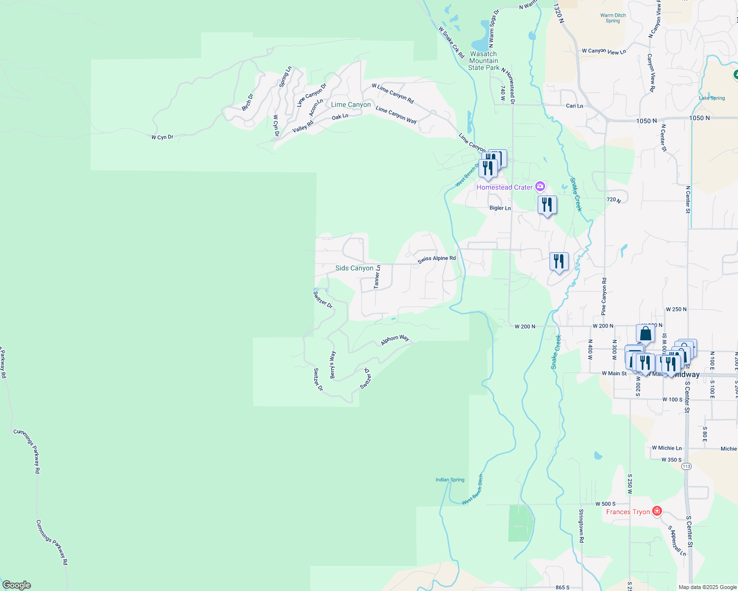 map of restaurants, bars, coffee shops, grocery stores, and more near 1365 West 310 North in Midway