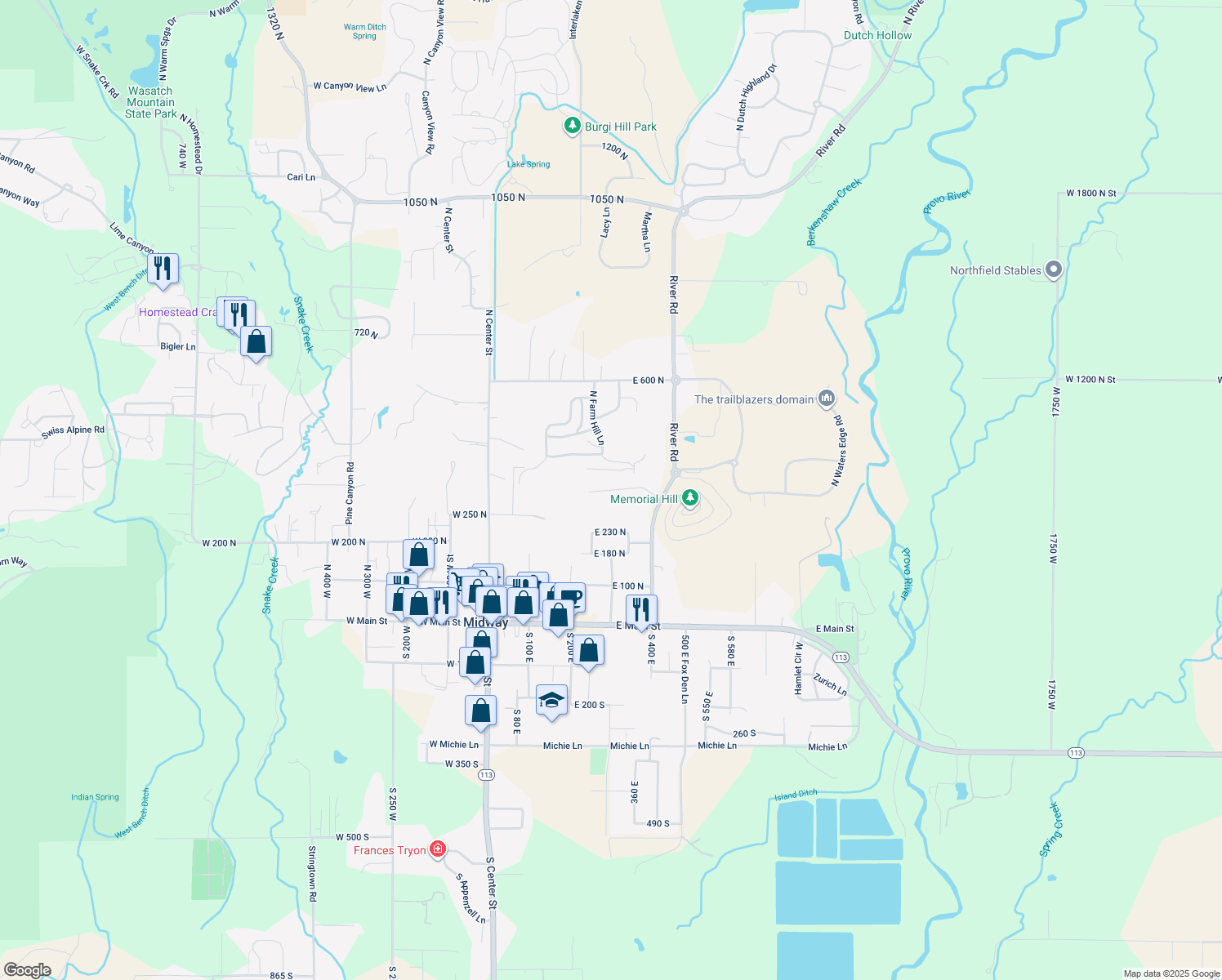 map of restaurants, bars, coffee shops, grocery stores, and more near 232 300 N in Midway