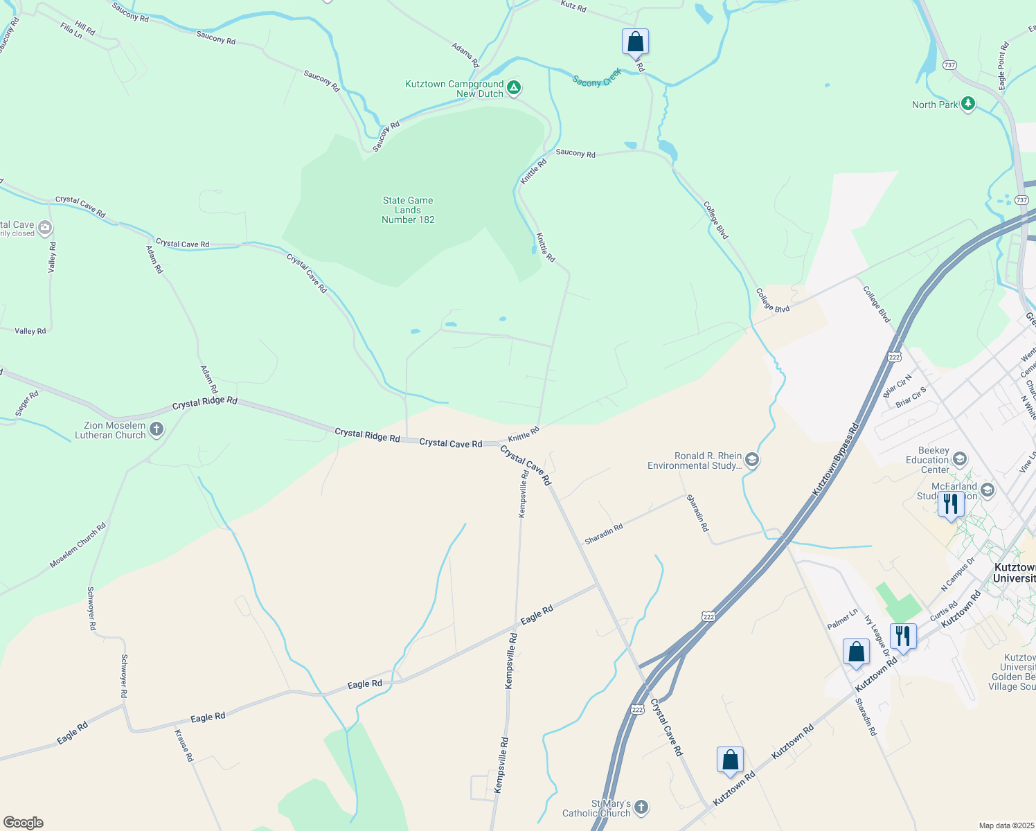 map of restaurants, bars, coffee shops, grocery stores, and more near 13 Windfield Dr in Kutztown