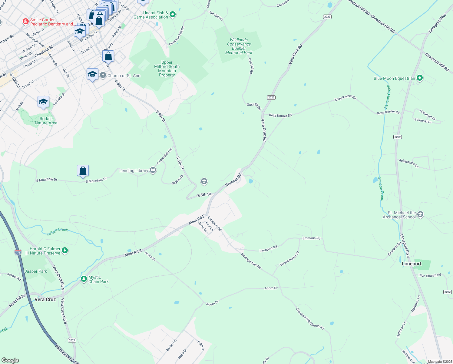 map of restaurants, bars, coffee shops, grocery stores, and more near 2571 Brunner Road in Emmaus