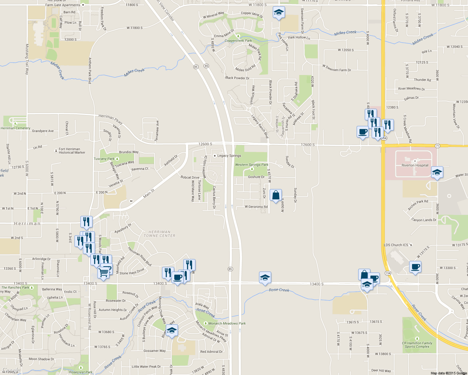 map of restaurants, bars, coffee shops, grocery stores, and more near 4771 Western Hills Drive in Riverton