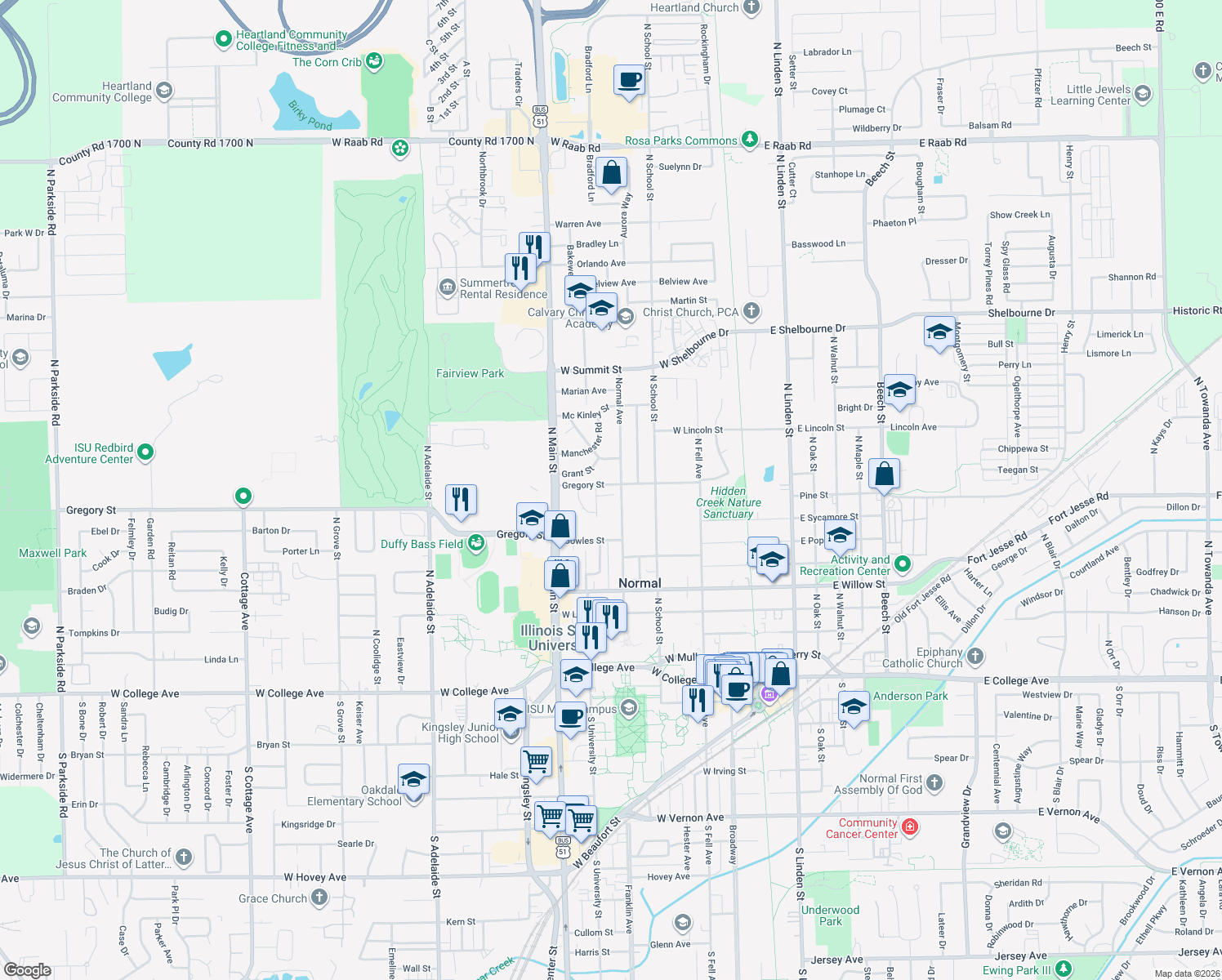 map of restaurants, bars, coffee shops, grocery stores, and more near 621 Normal Avenue in Normal