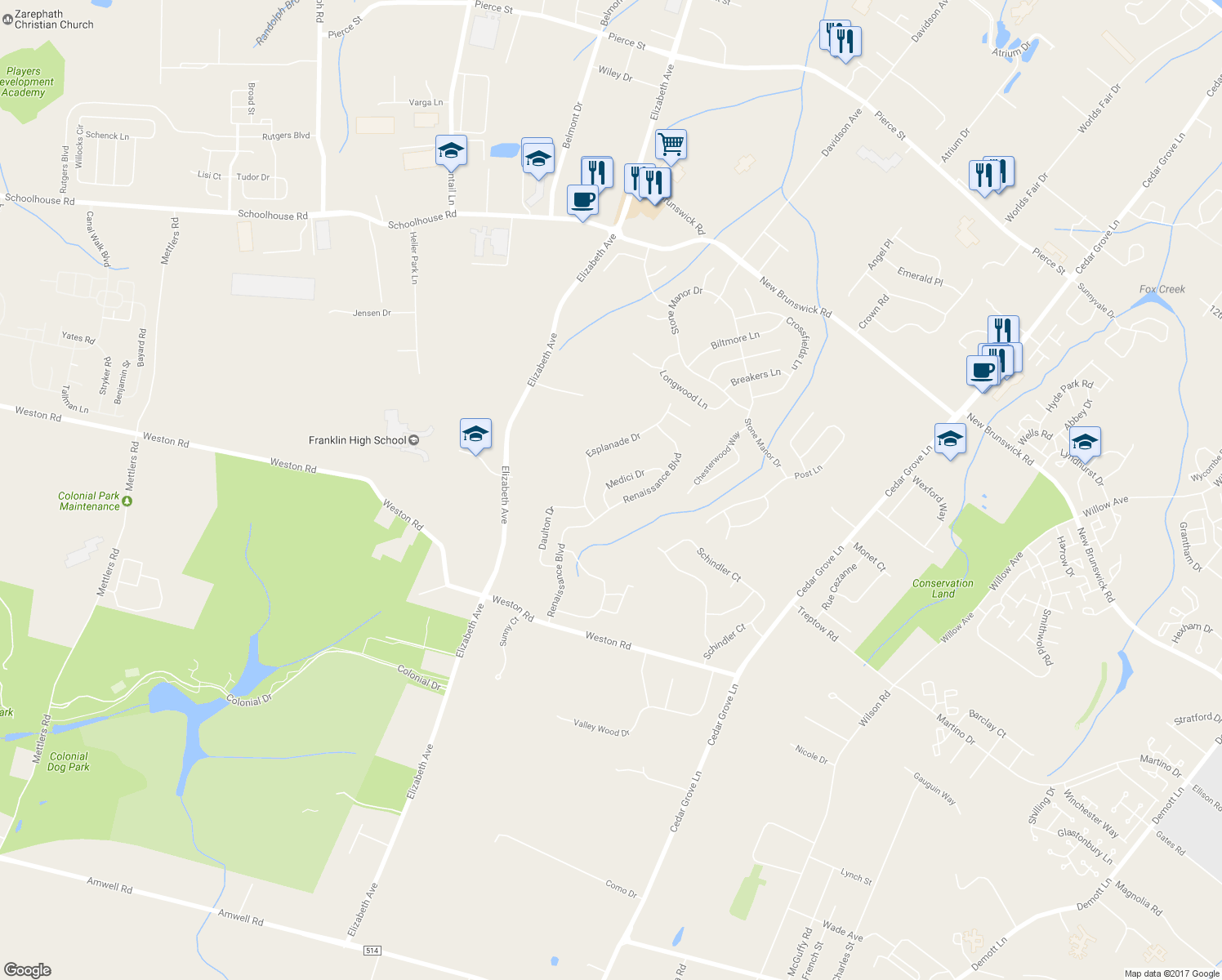 map of restaurants, bars, coffee shops, grocery stores, and more near 8 Medici Drive in Franklin Township