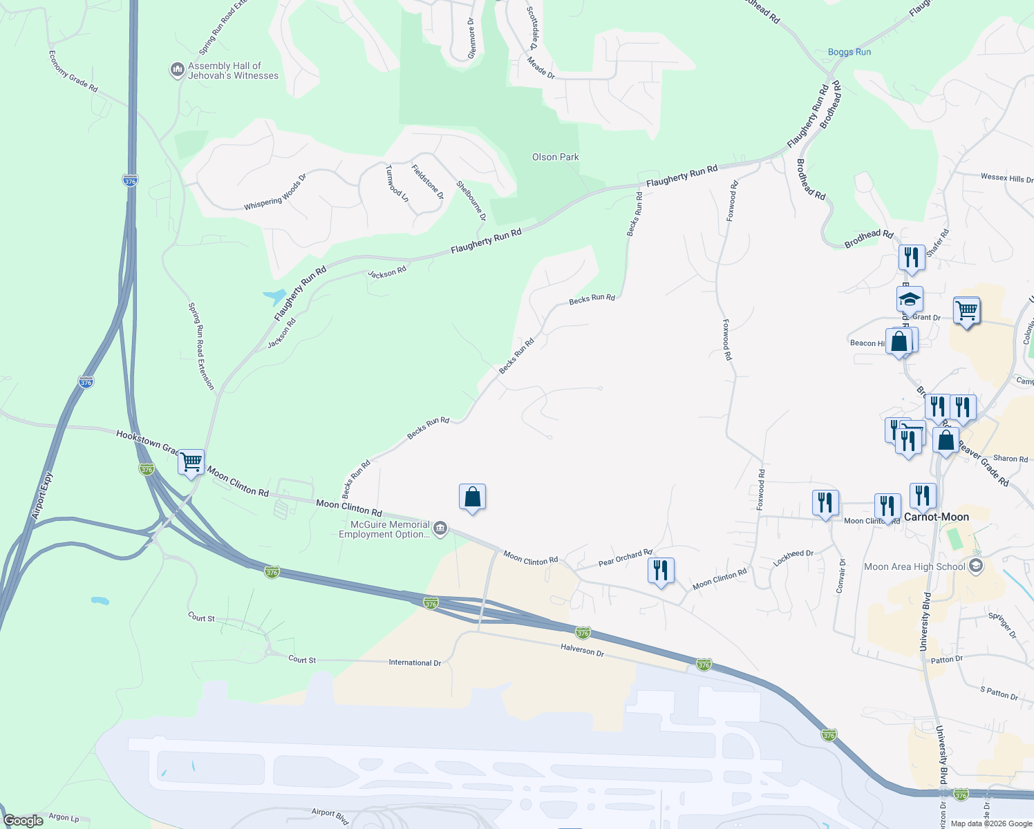 map of restaurants, bars, coffee shops, grocery stores, and more near 414 Blue Ridge Drive in Coraopolis