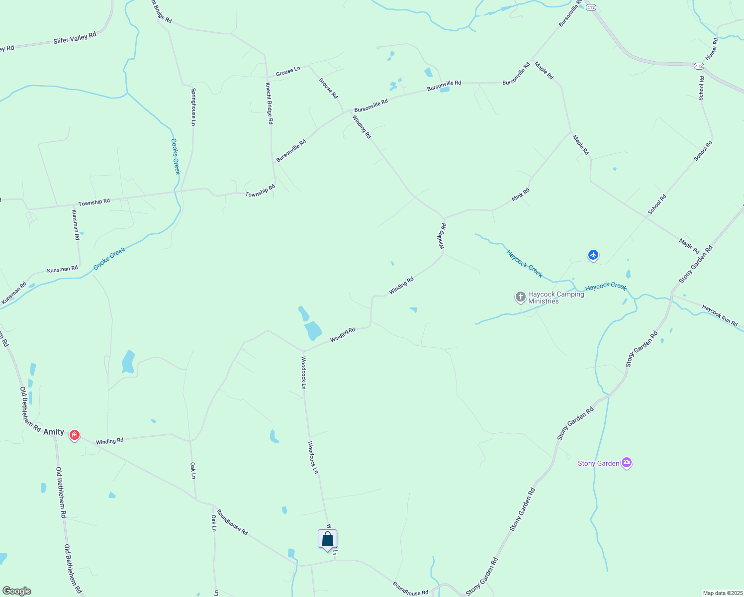 map of restaurants, bars, coffee shops, grocery stores, and more near 3009 Winding Road in Kintnersville