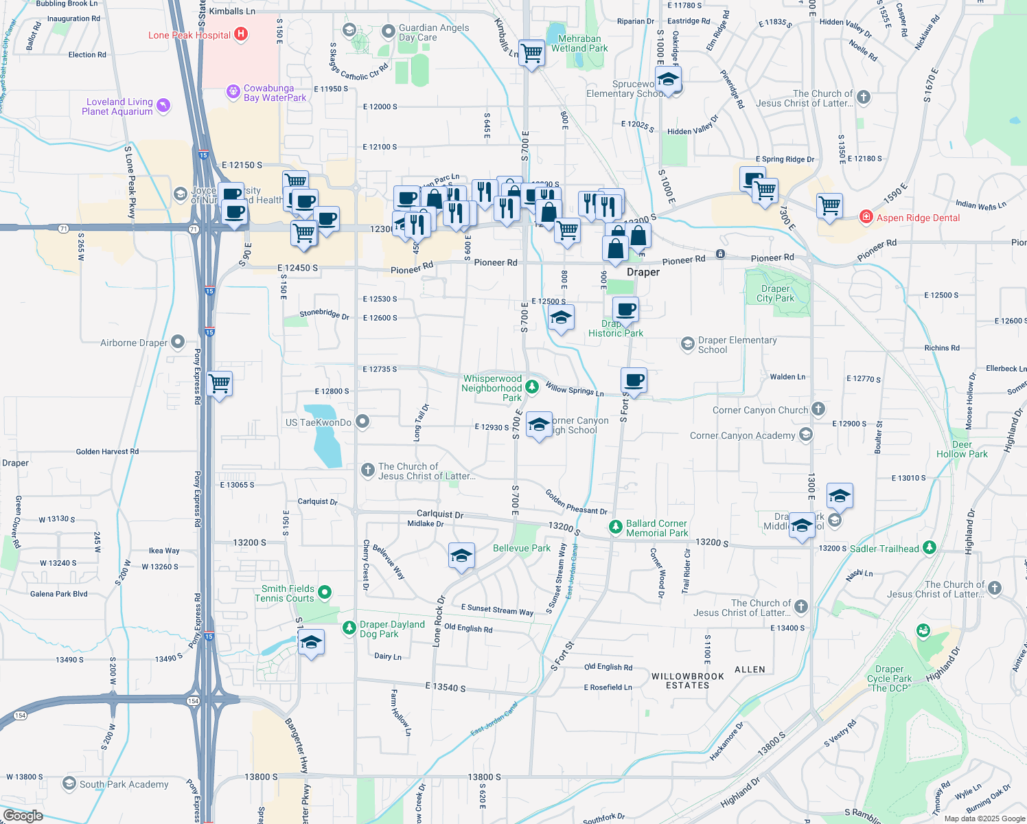 map of restaurants, bars, coffee shops, grocery stores, and more near 12863 Whisper Ridge Road in Draper