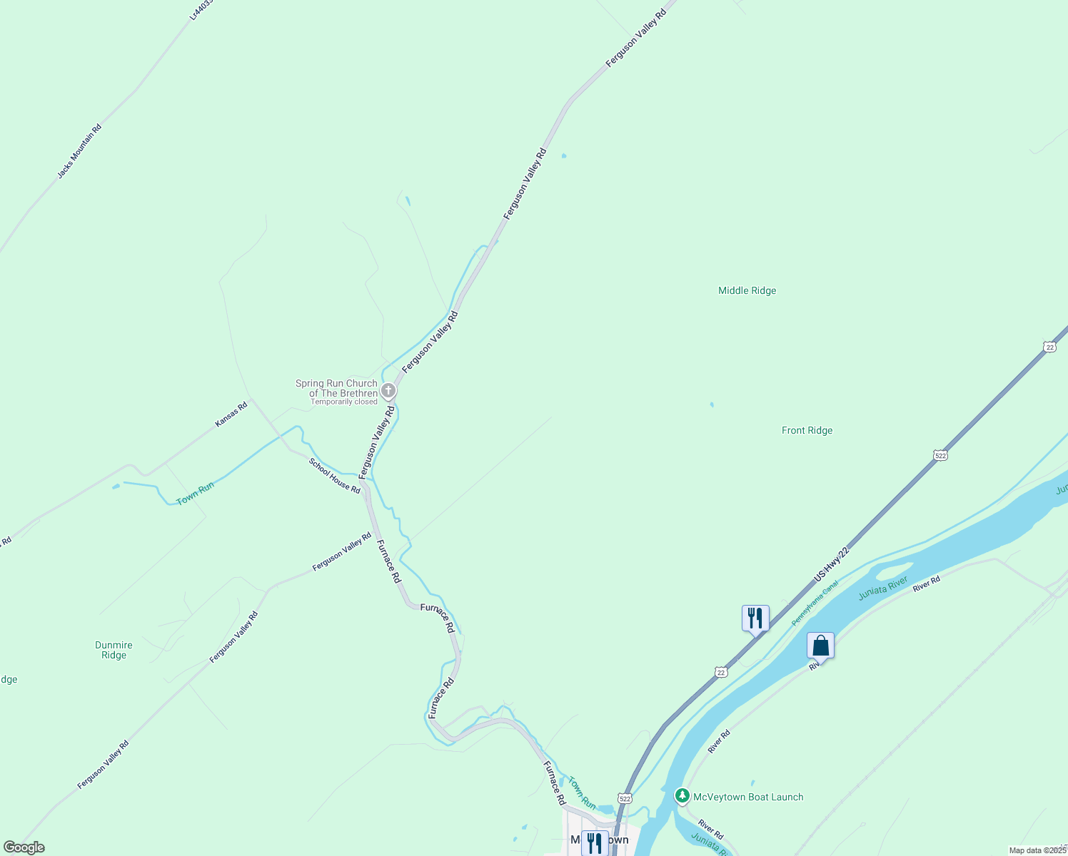 map of restaurants, bars, coffee shops, grocery stores, and more near 329 Whitetail Lane in McVeytown