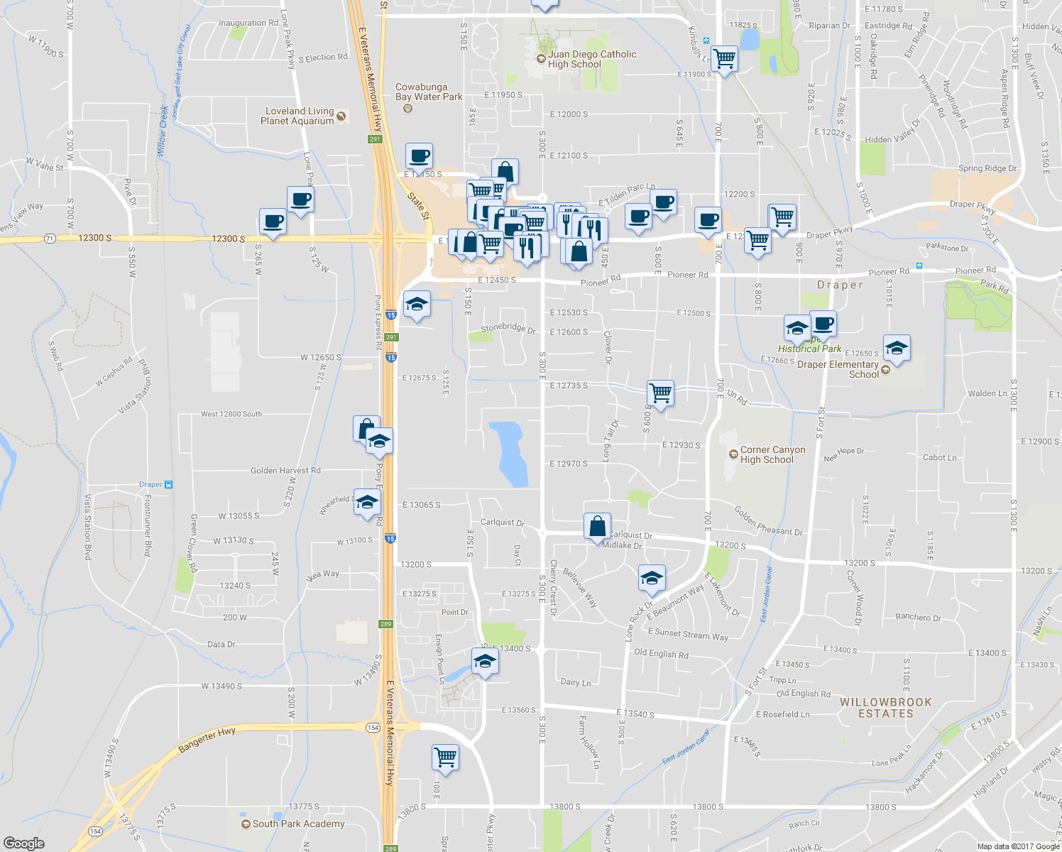 map of restaurants, bars, coffee shops, grocery stores, and more near 12838 South 300 East in Draper