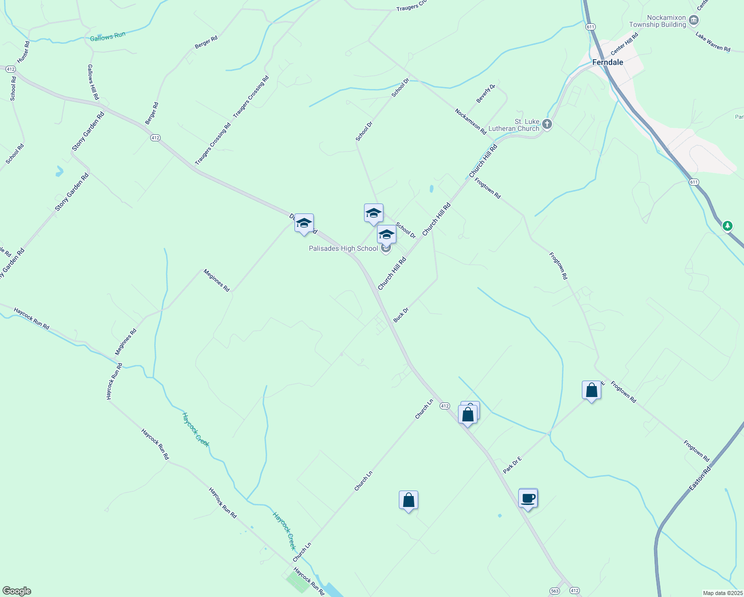 map of restaurants, bars, coffee shops, grocery stores, and more near 4616 Durham Road in Kintnersville