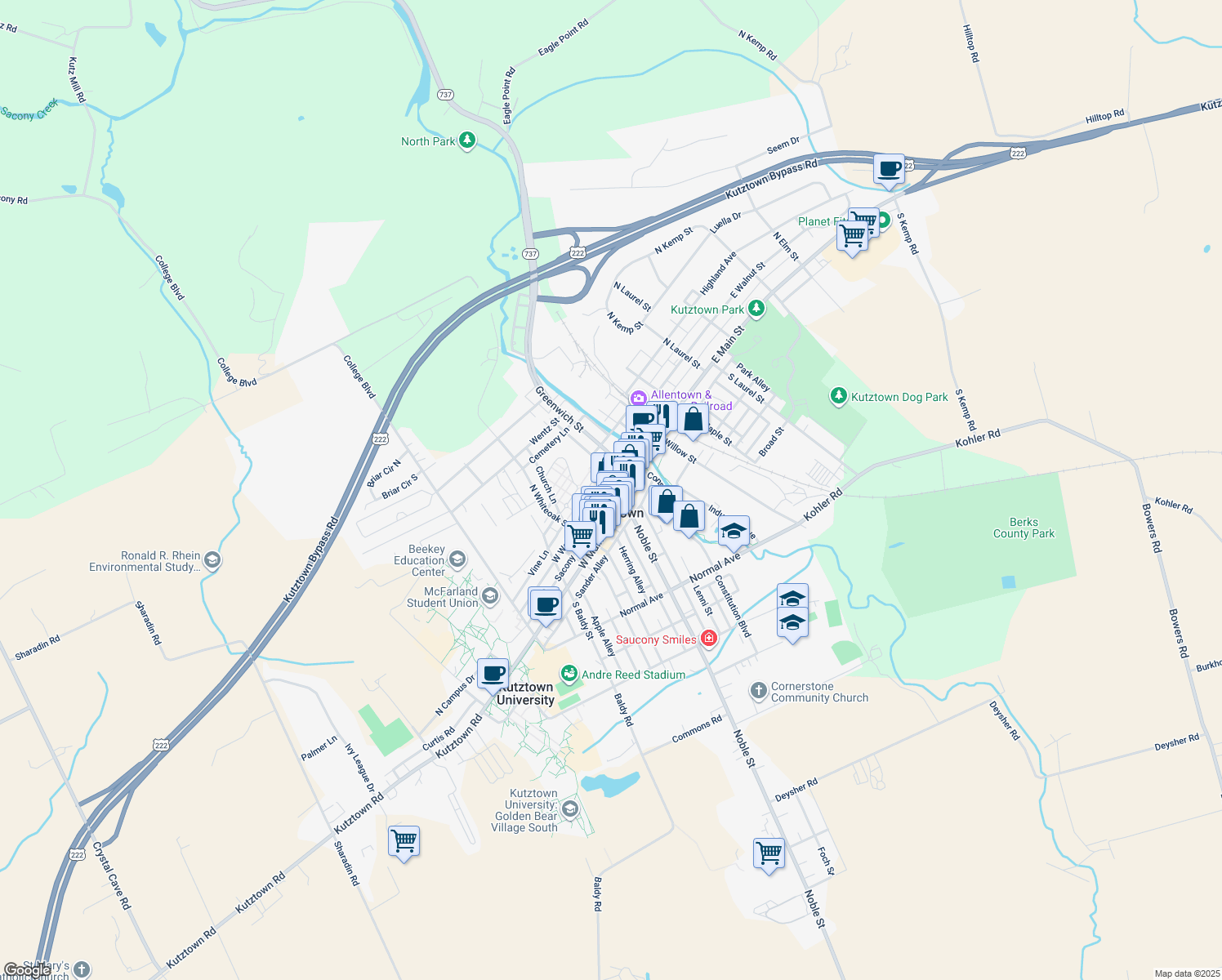 map of restaurants, bars, coffee shops, grocery stores, and more near 156 W Walnut St in Kutztown