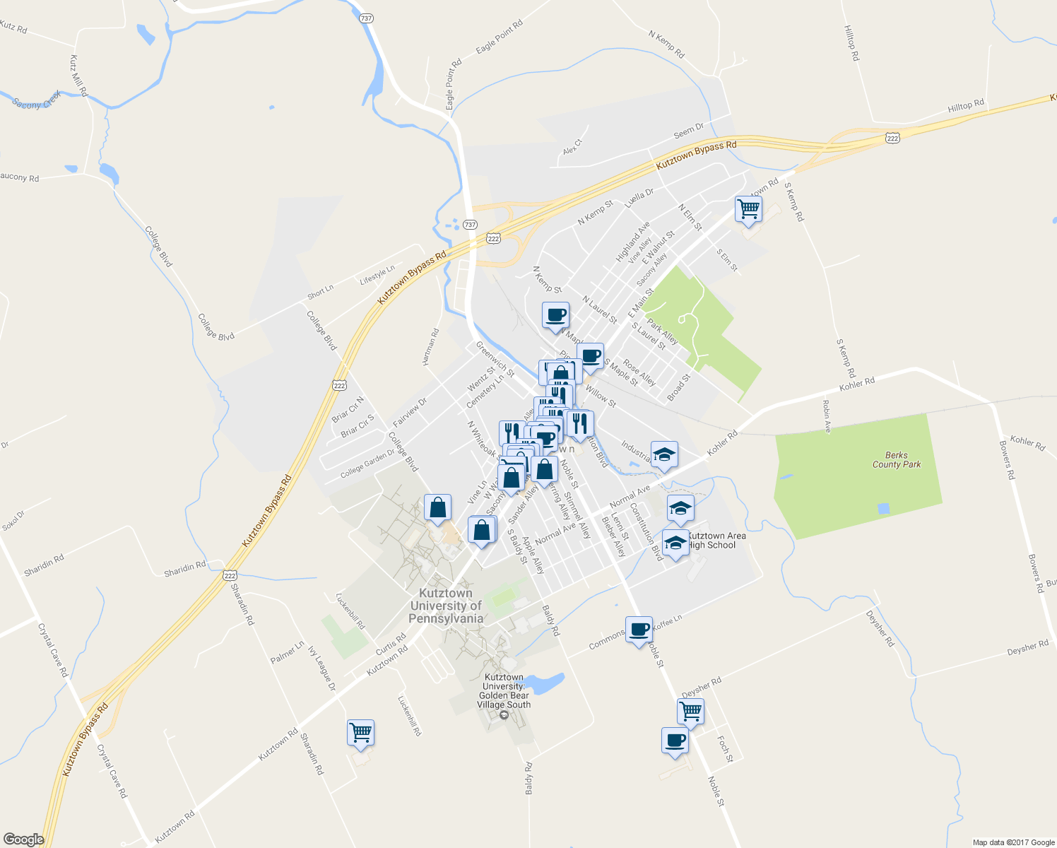 map of restaurants, bars, coffee shops, grocery stores, and more near 159 West Walnut Street in Kutztown