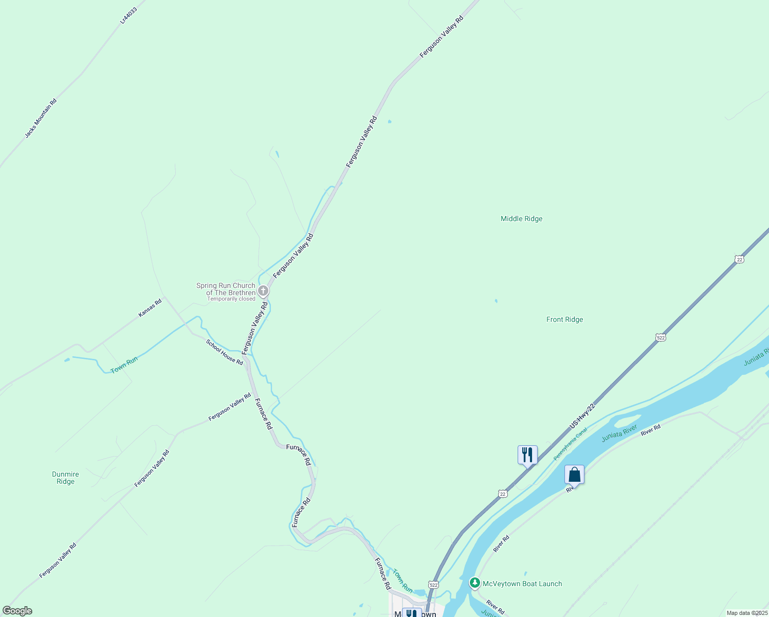 map of restaurants, bars, coffee shops, grocery stores, and more near 329 Whitetail Lane in McVeytown