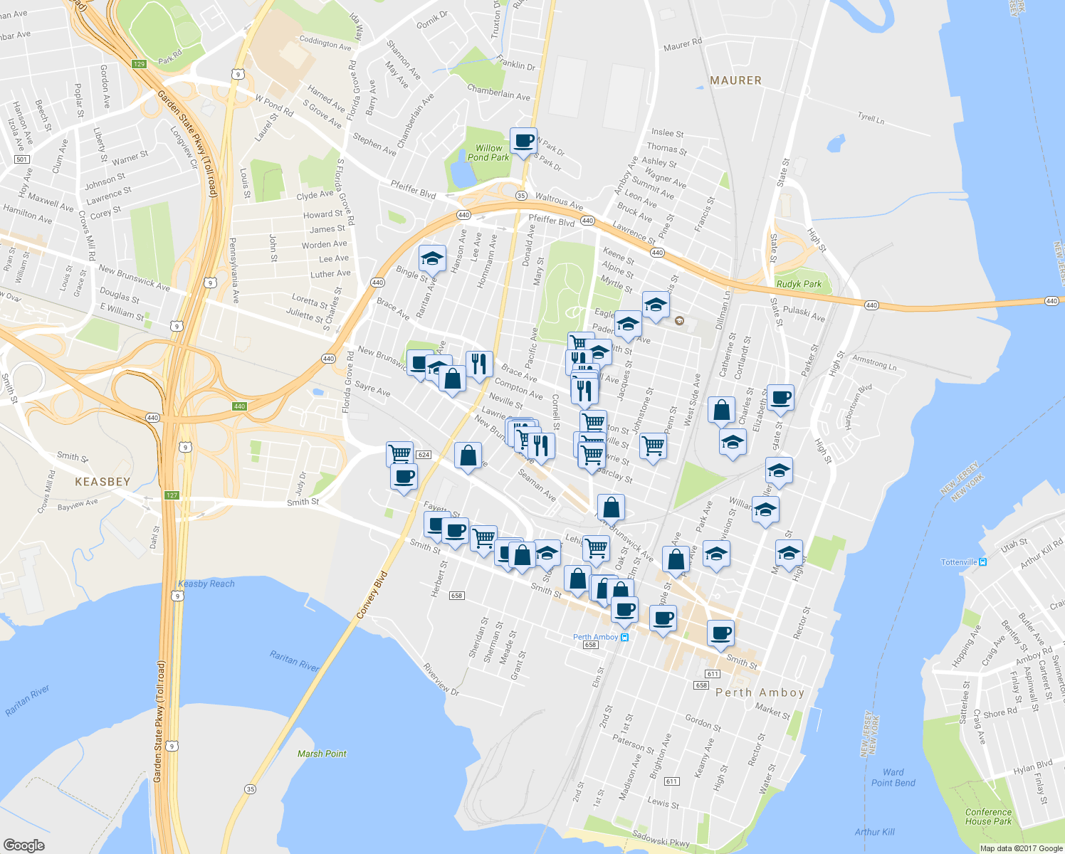 map of restaurants, bars, coffee shops, grocery stores, and more near 451 Lawrie Street in Perth Amboy