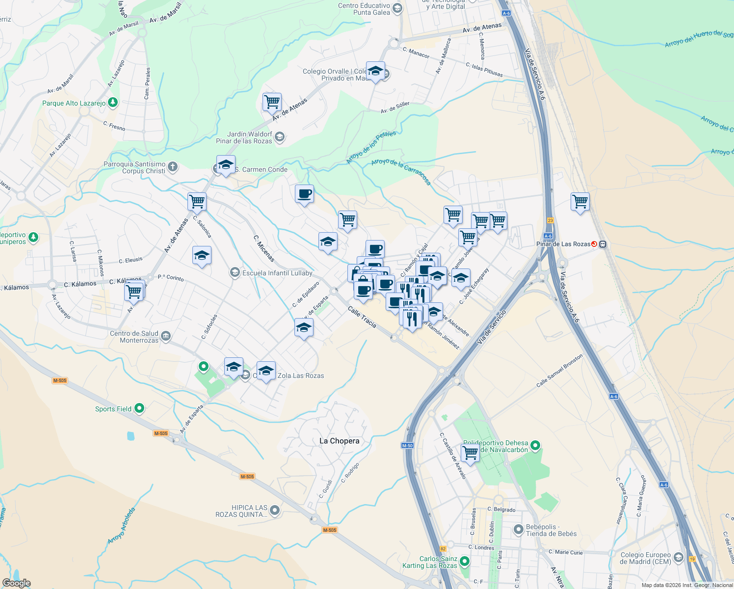 map of restaurants, bars, coffee shops, grocery stores, and more near 3 Calle Juan Ramón Jiménez in Las Rozas de Madrid