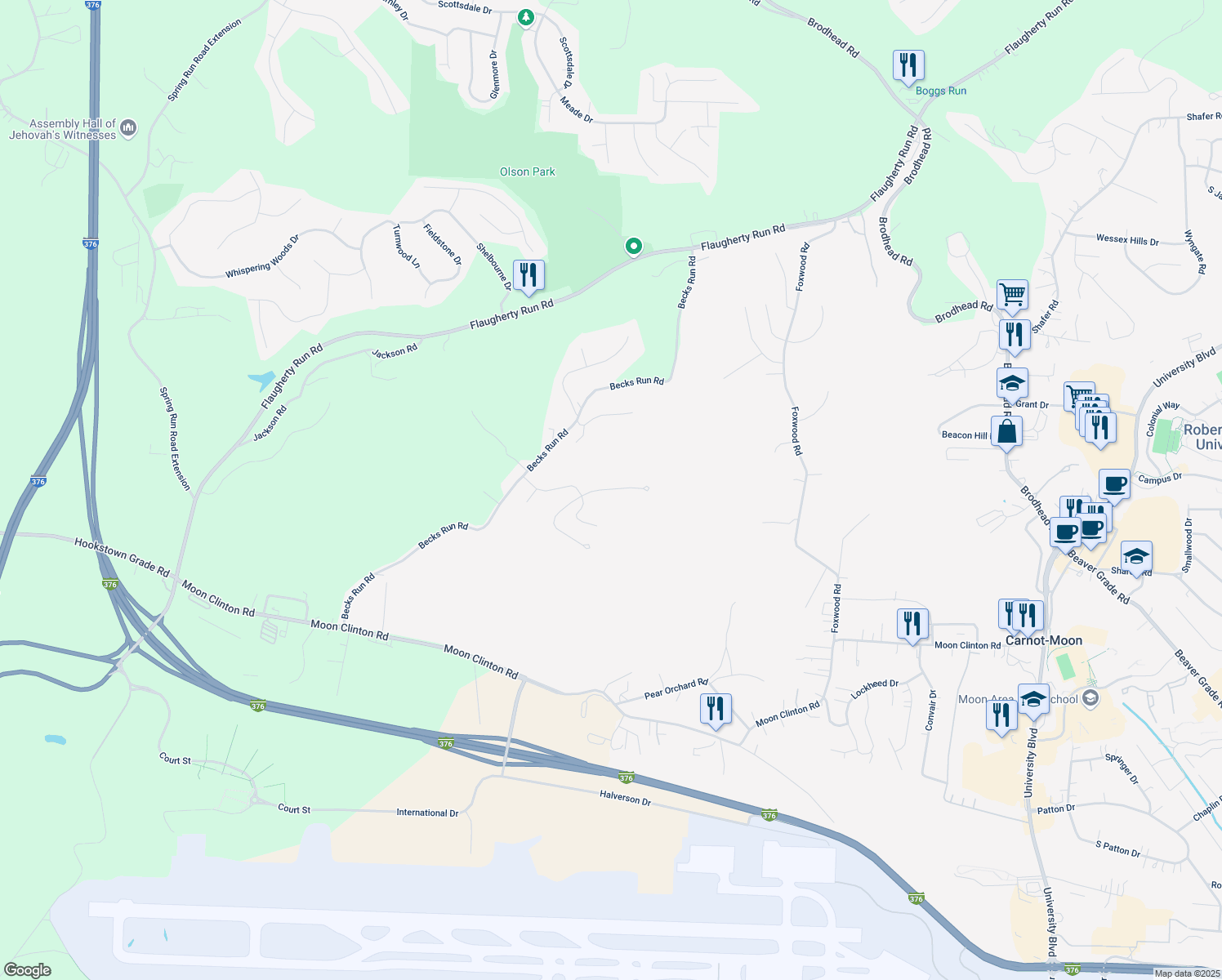 map of restaurants, bars, coffee shops, grocery stores, and more near 509 Blue Ridge Drive in Coraopolis