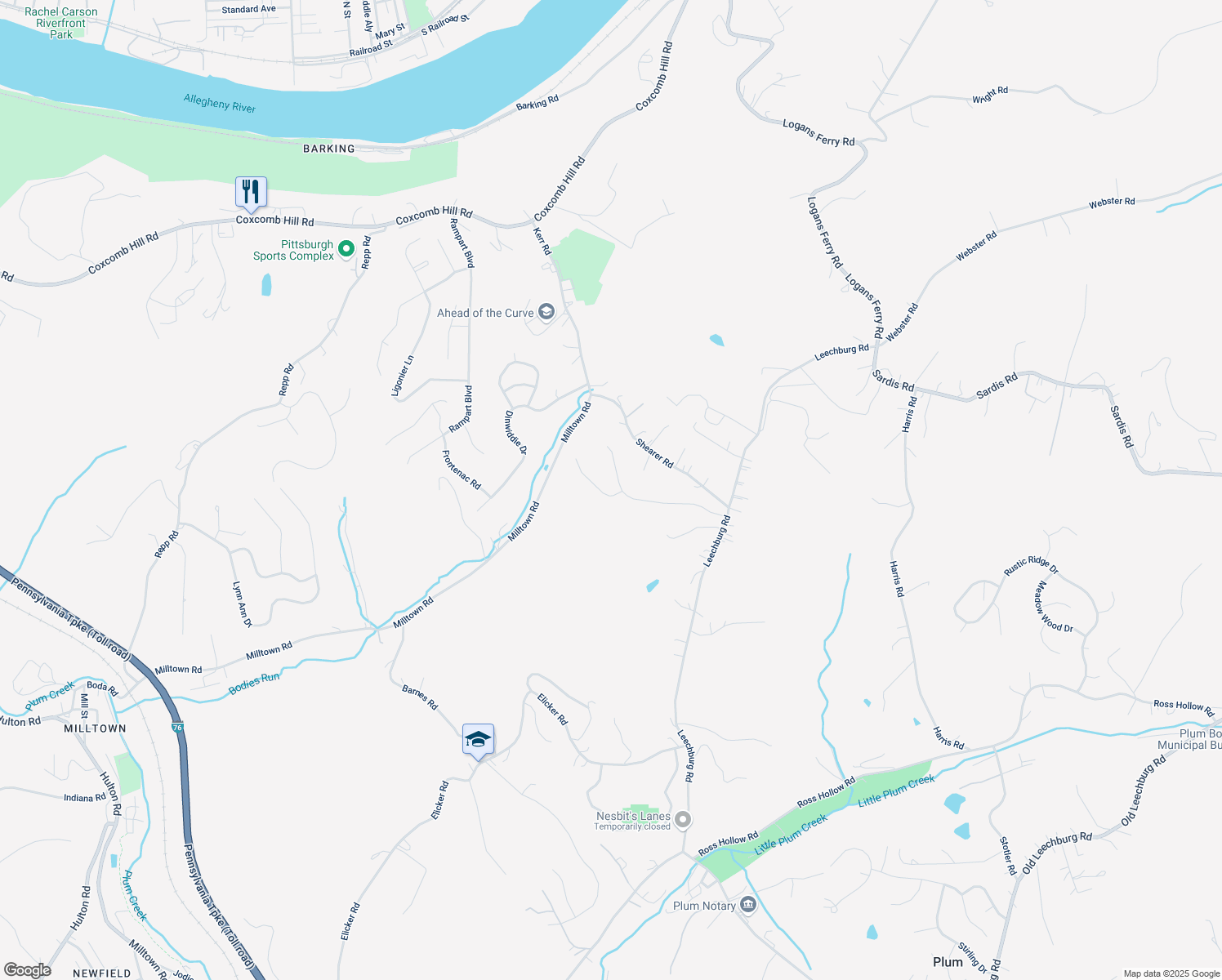 map of restaurants, bars, coffee shops, grocery stores, and more near 134 Cherrywood Drive in New Kensington