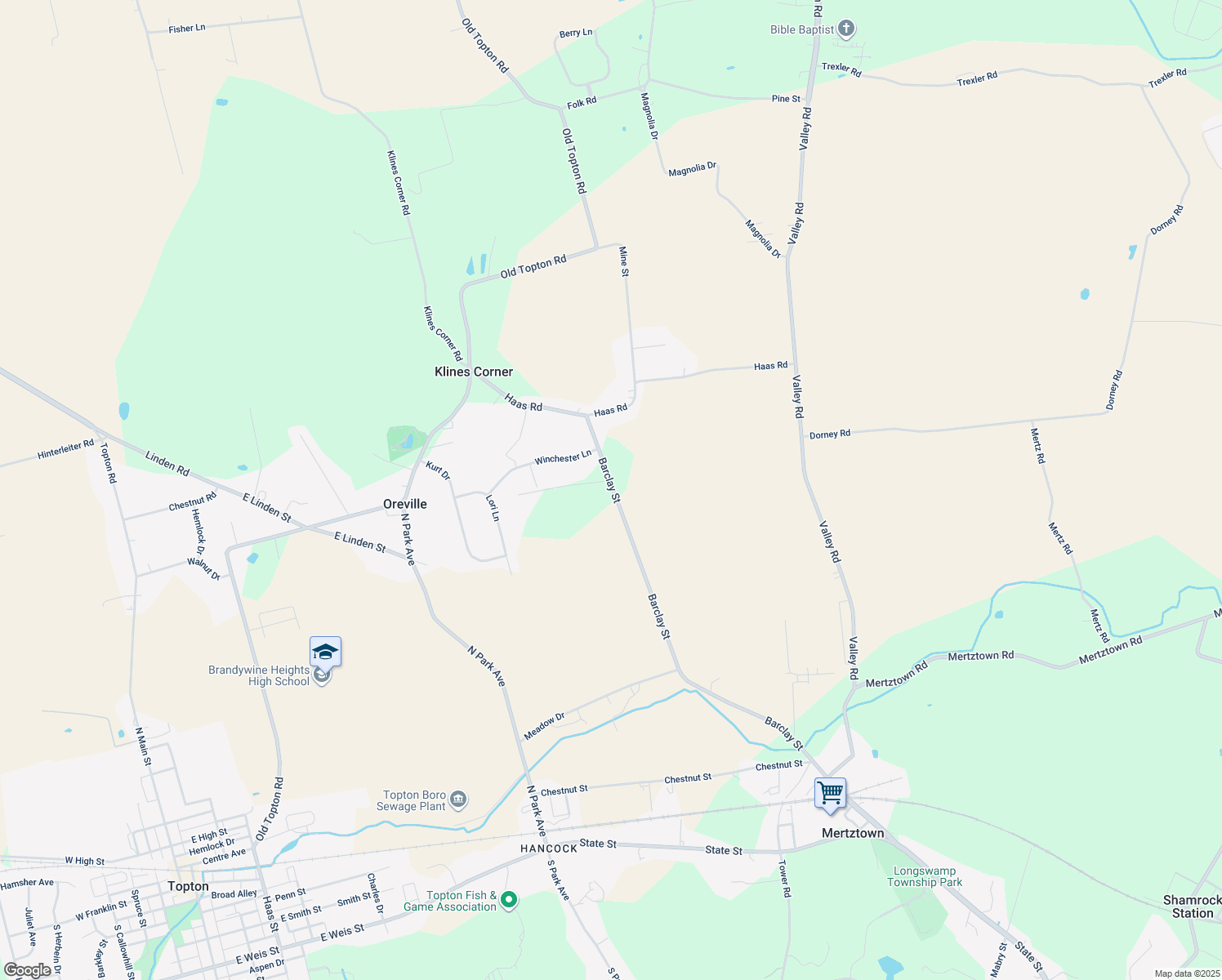 map of restaurants, bars, coffee shops, grocery stores, and more near 410 Barclay Street in Mertztown